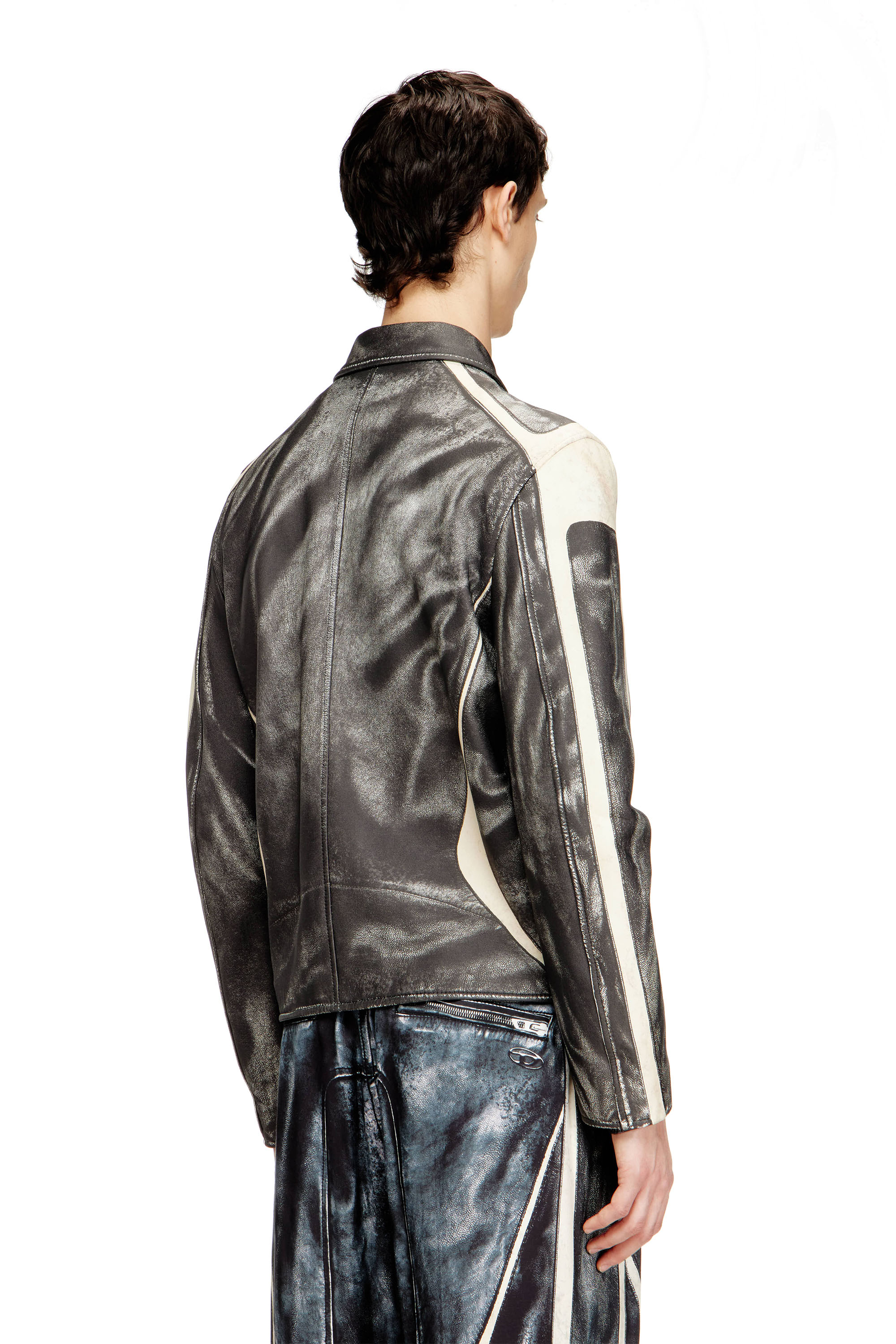 Diesel - L-AMAR-ENBI, Male's Leather coach jacket with biker print in Black/White - 5