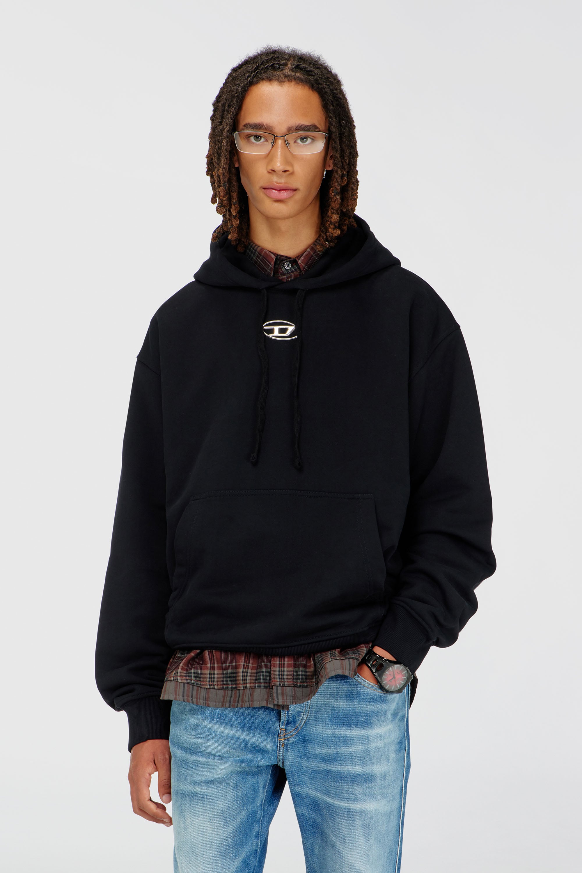 Diesel - S-MACS-HOOD-OD, Sudadera con capucha extragrande con logotipo met&aacute;lico Hombre in Negro - 3