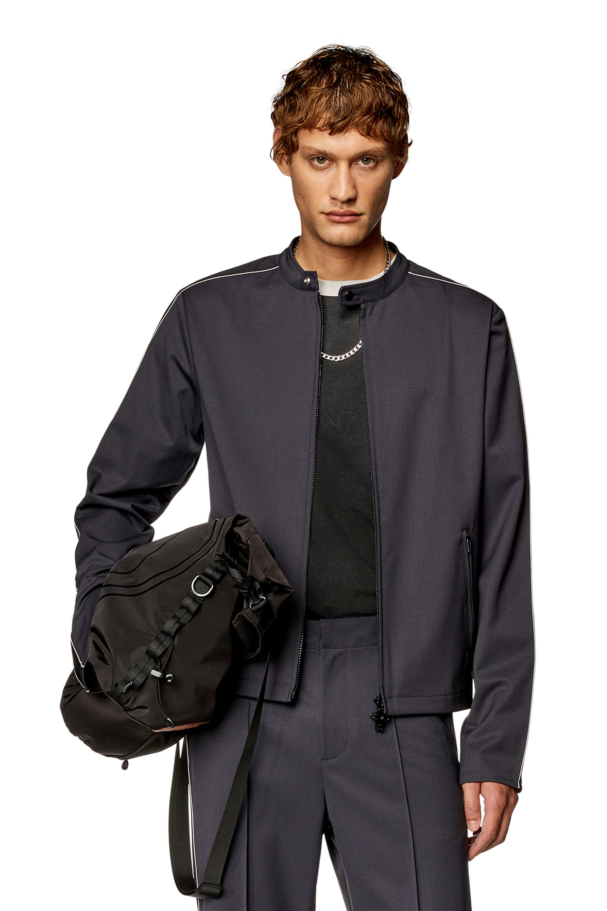 Diesel - J-DEVLIN, Man's Biker jacket in cool wool and tech jersey in Black/Grey - 3