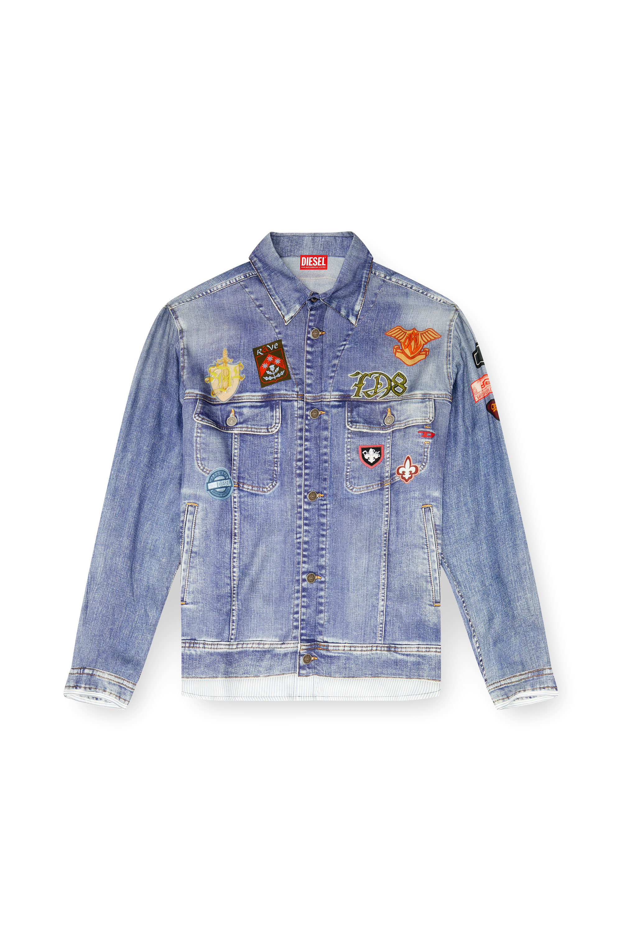 Diesel - S-SIMPLY-PATCH, Man's Satin shirt with trompe-l'oeil denim print in Medium blue - 3