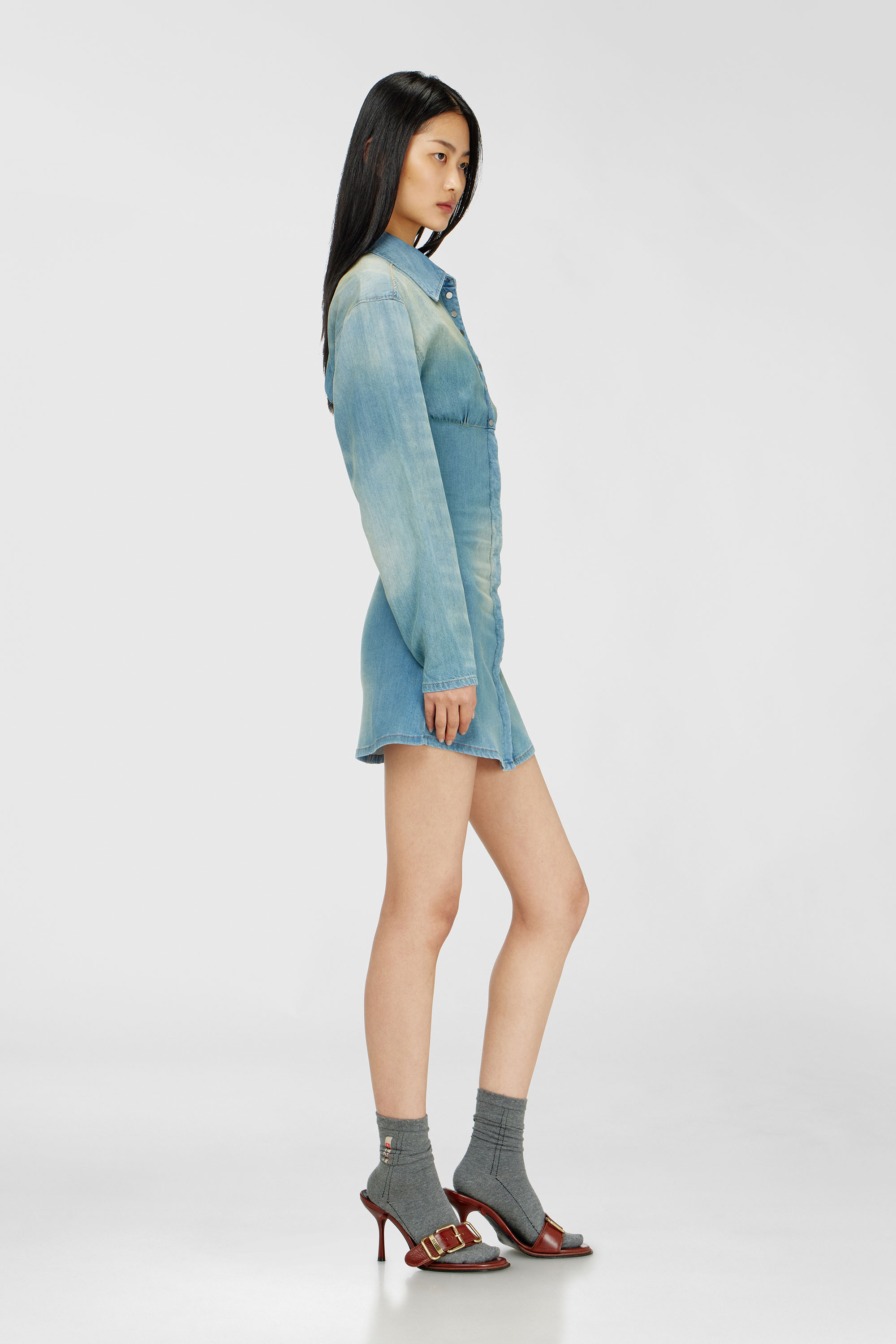 Diesel - DE-VIOLIM-S, Female's Denim mini shirt dress with sectioned design in Light Blue - 1