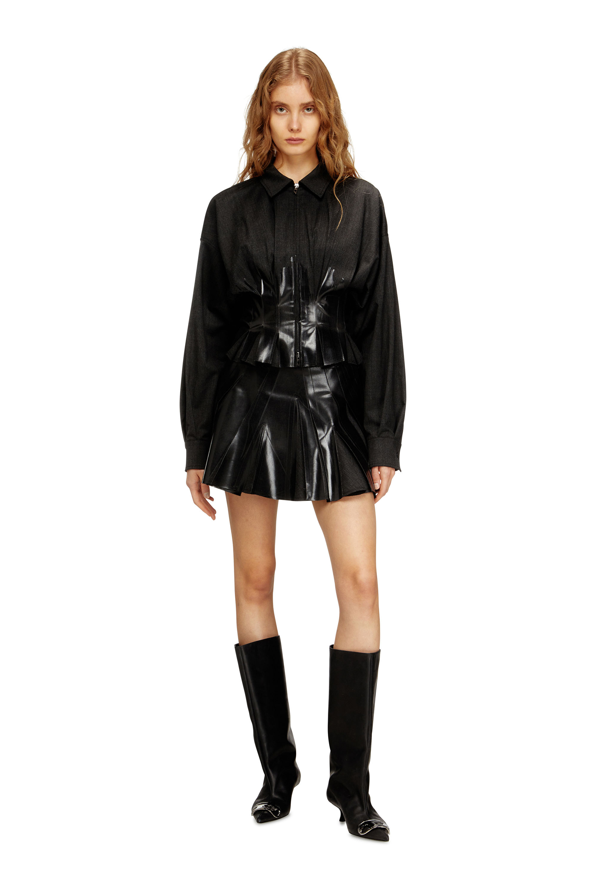 Diesel - G-ANBU, Female's Tailoring shirt-jacket with coated pleats in Black - 2