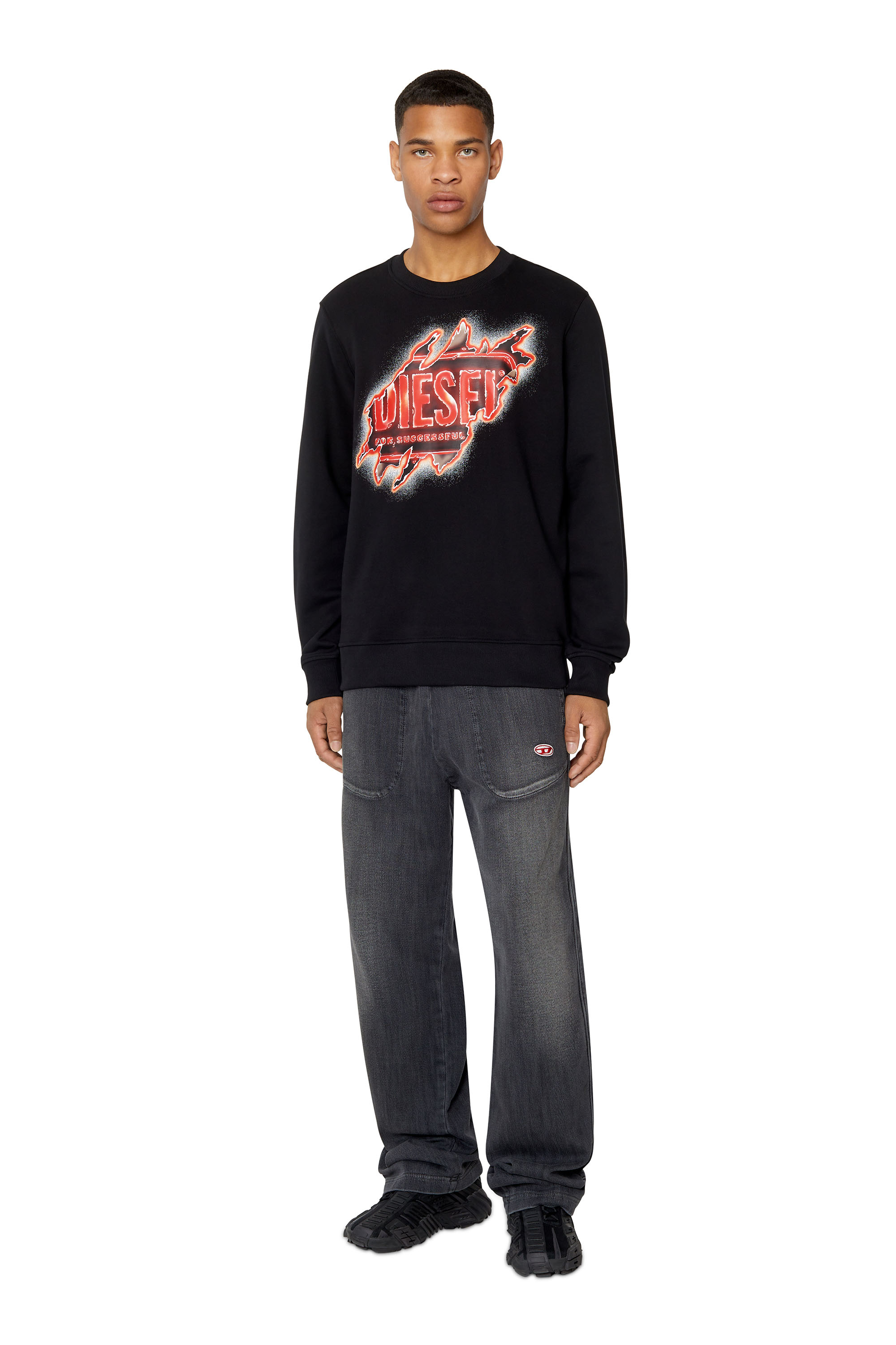 Diesel - S-GINN-E9, Sudadera con estampado del logotipo con efecto despegado Hombre in Negro - 1