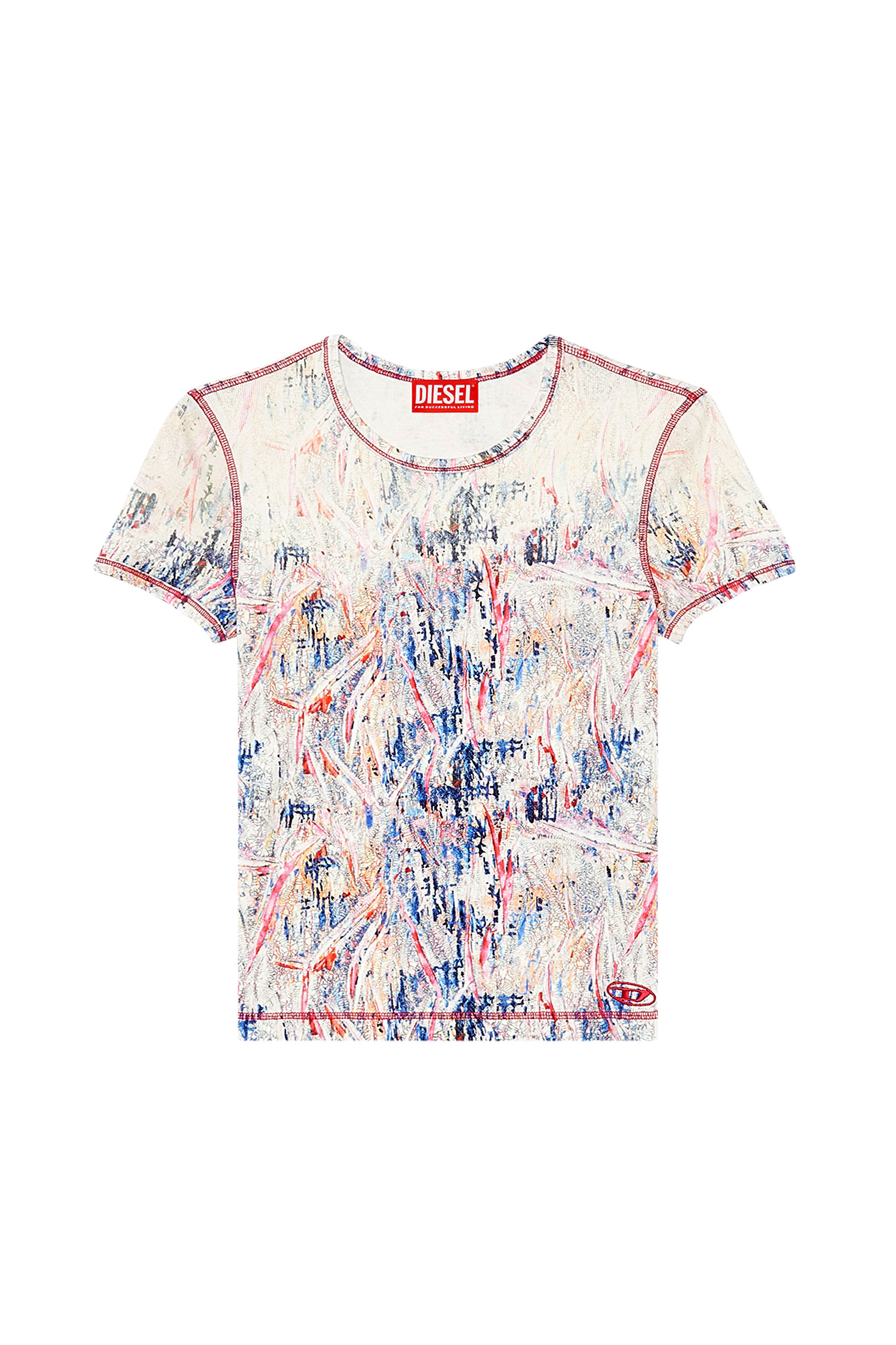 Diesel - T-ELE-LONG-N1, Woman's Ribbed T-shirt with spray treatment in Pink/White - 2