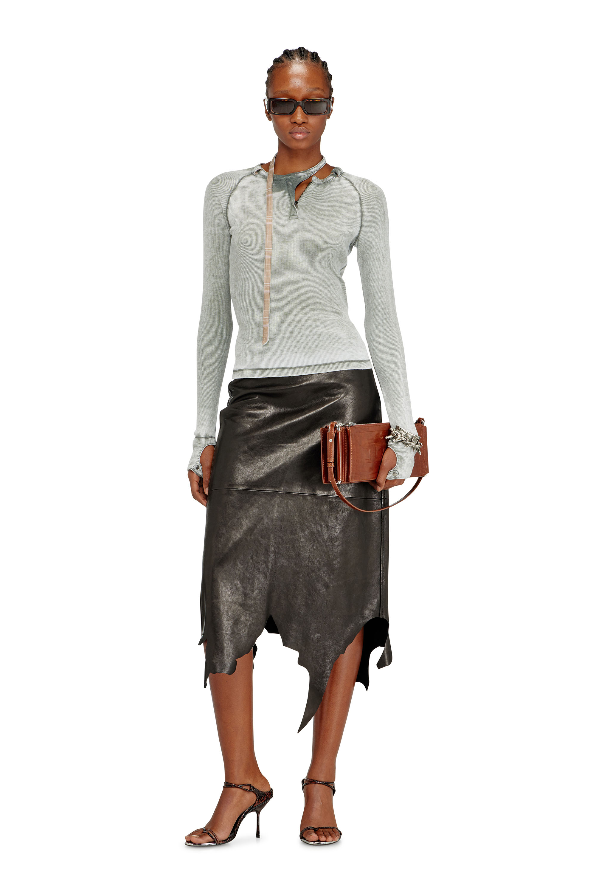 Diesel - L-TORN, Female's Leather midi skirt with jagged hem in Black - 1