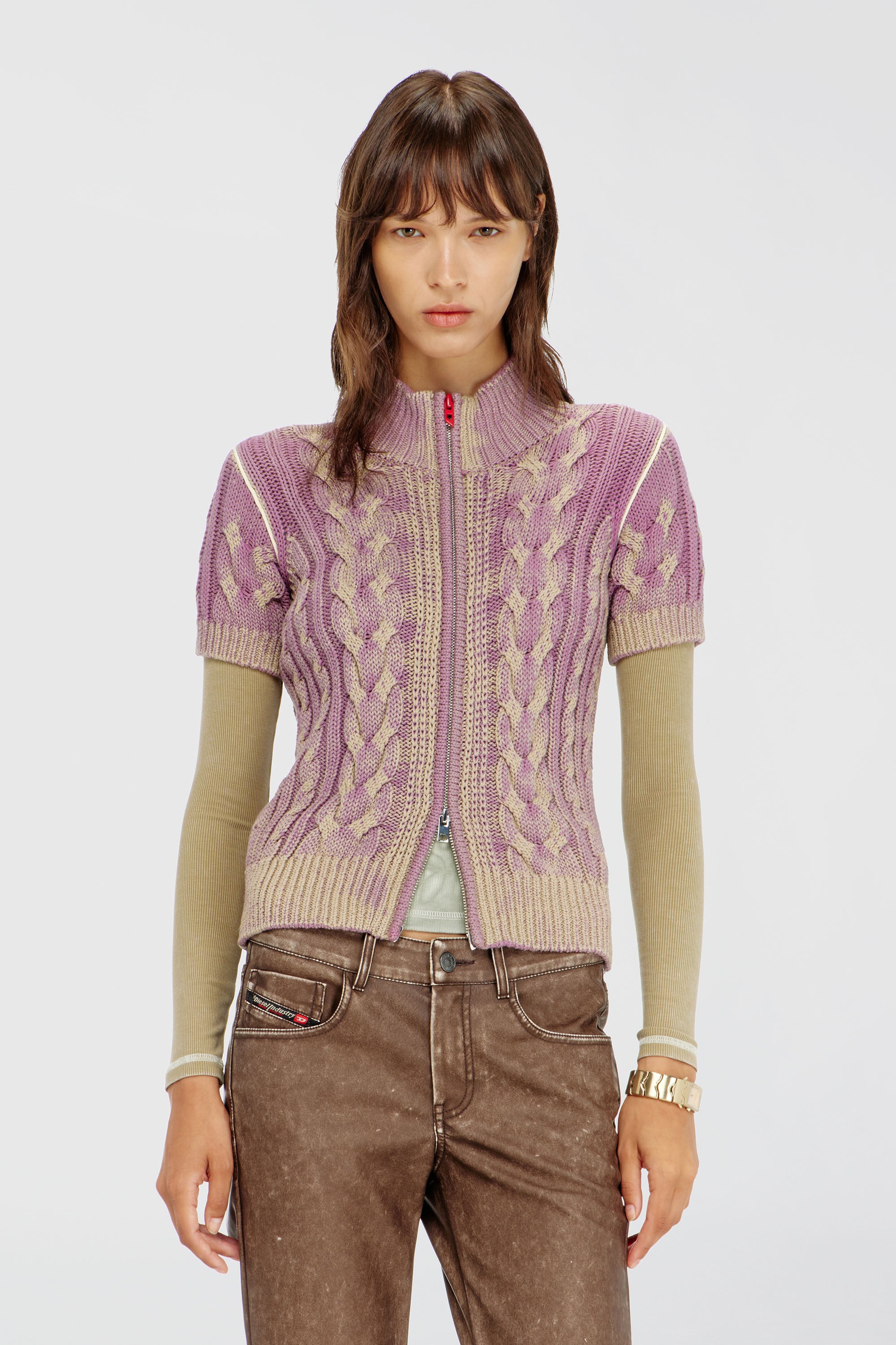 Diesel - M-ELANA, Woman's Short-sleeve zip cardigan in cable knit in Beige/Violet - 3