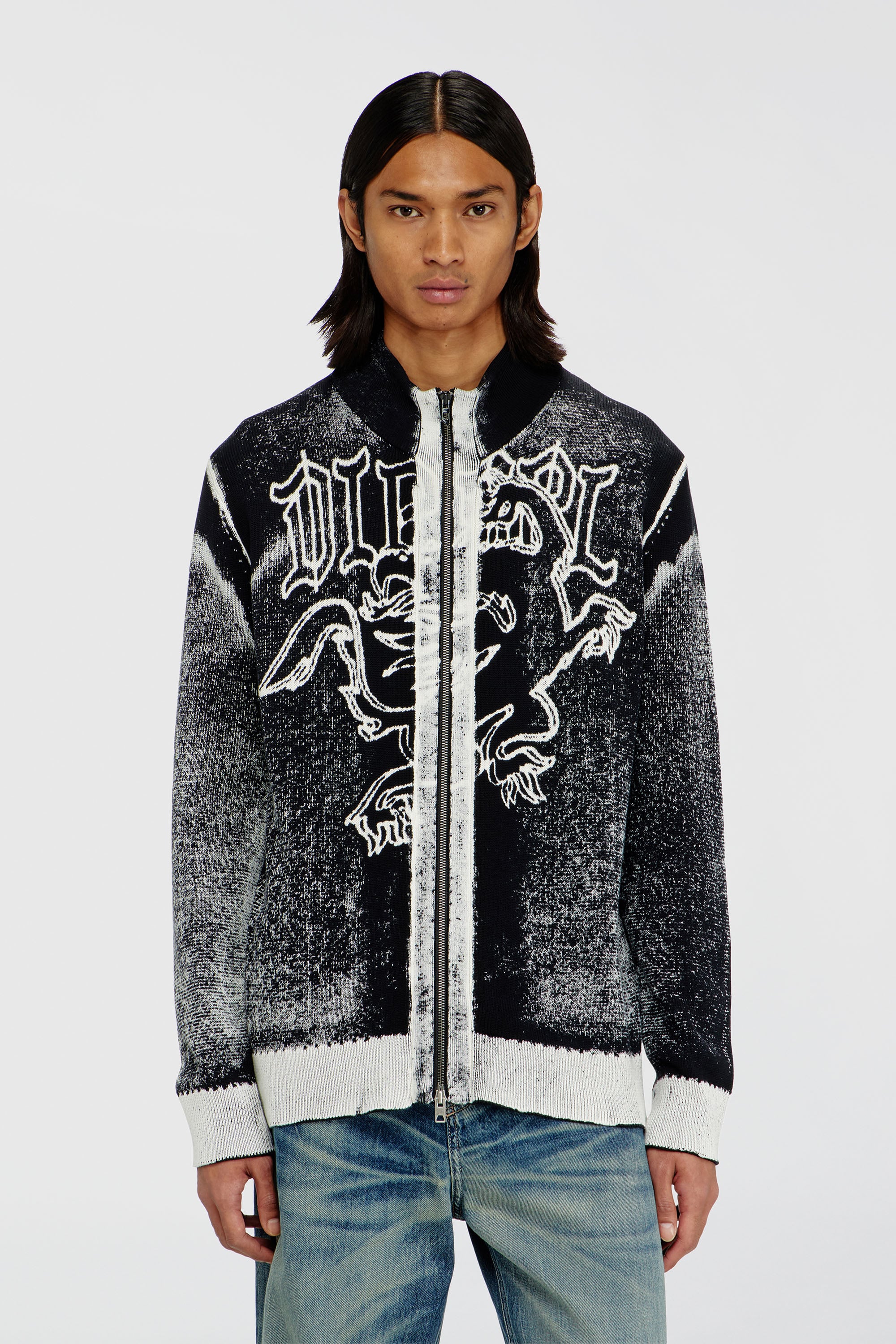 Diesel - K-LAUROS, Male's Treated zip cardigan with griffin motif in Black/White - 1