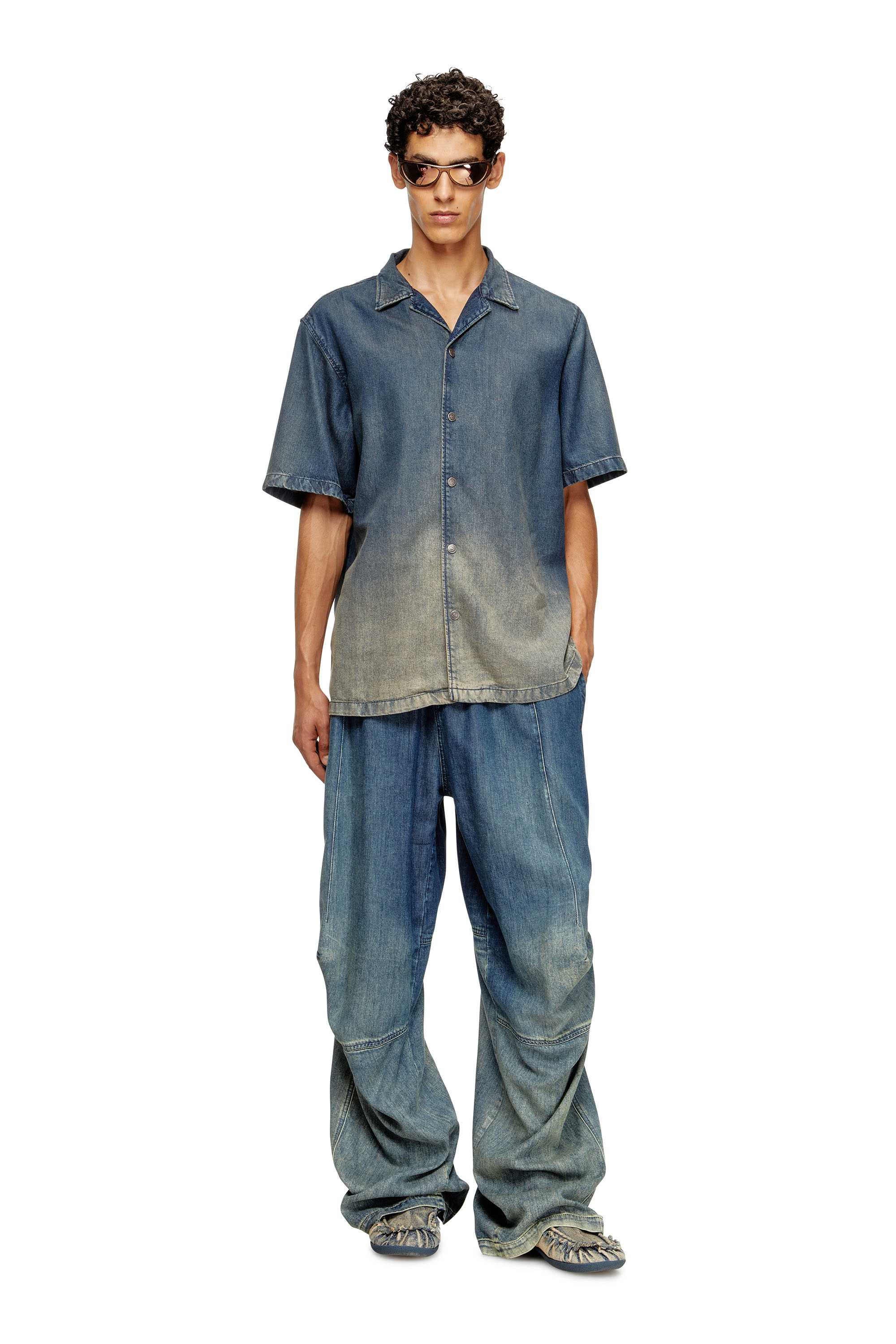 Diesel - D-NABIL-S3, Male's Bowling shirt in gradient fluid denim in Dark Blue - 2