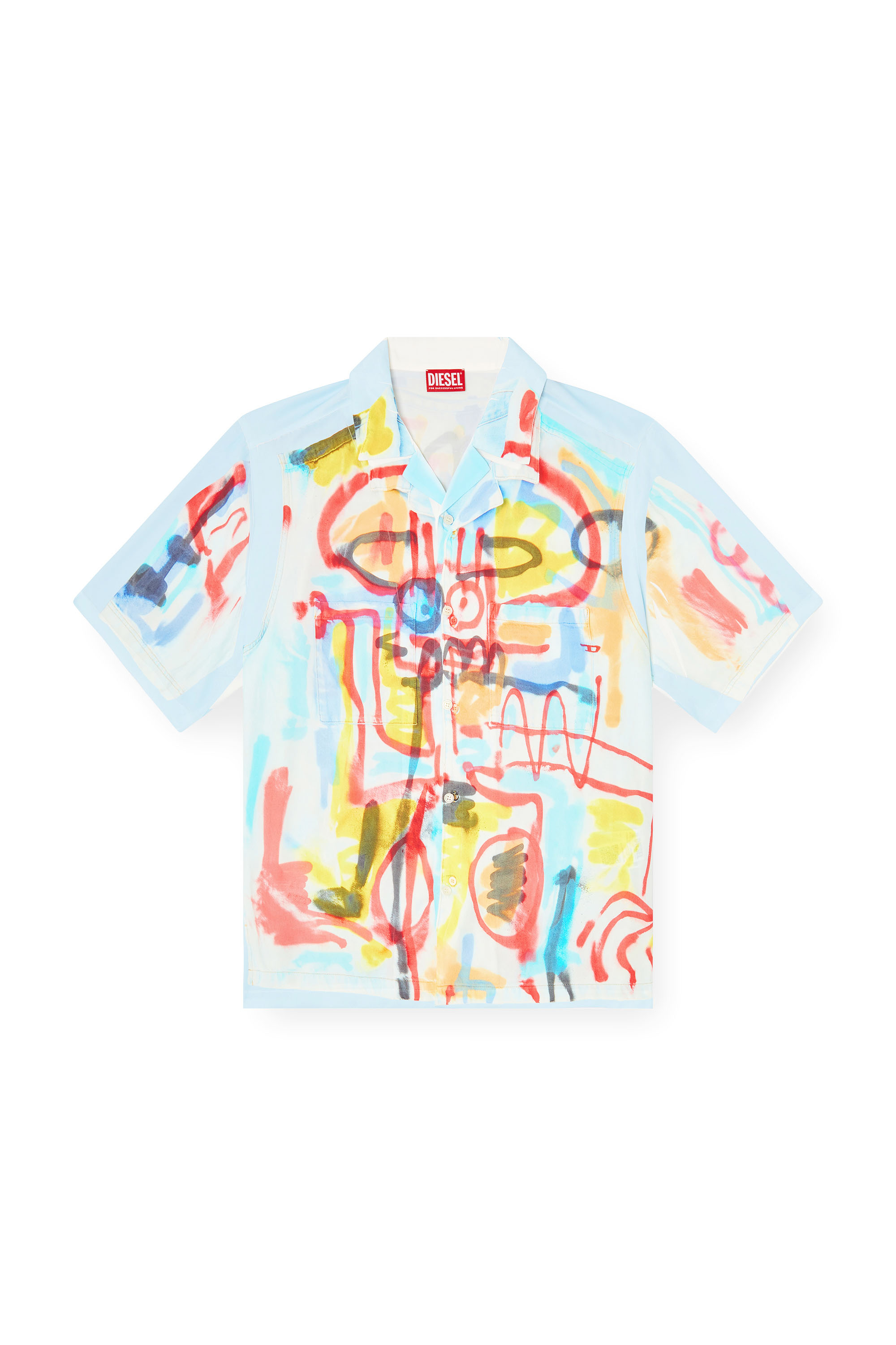 Diesel - C-PAROSHORT-GRAFFITI-AFR, Chemise bowling en satin avec imprimé graffiti Mixte in Bleu - 3