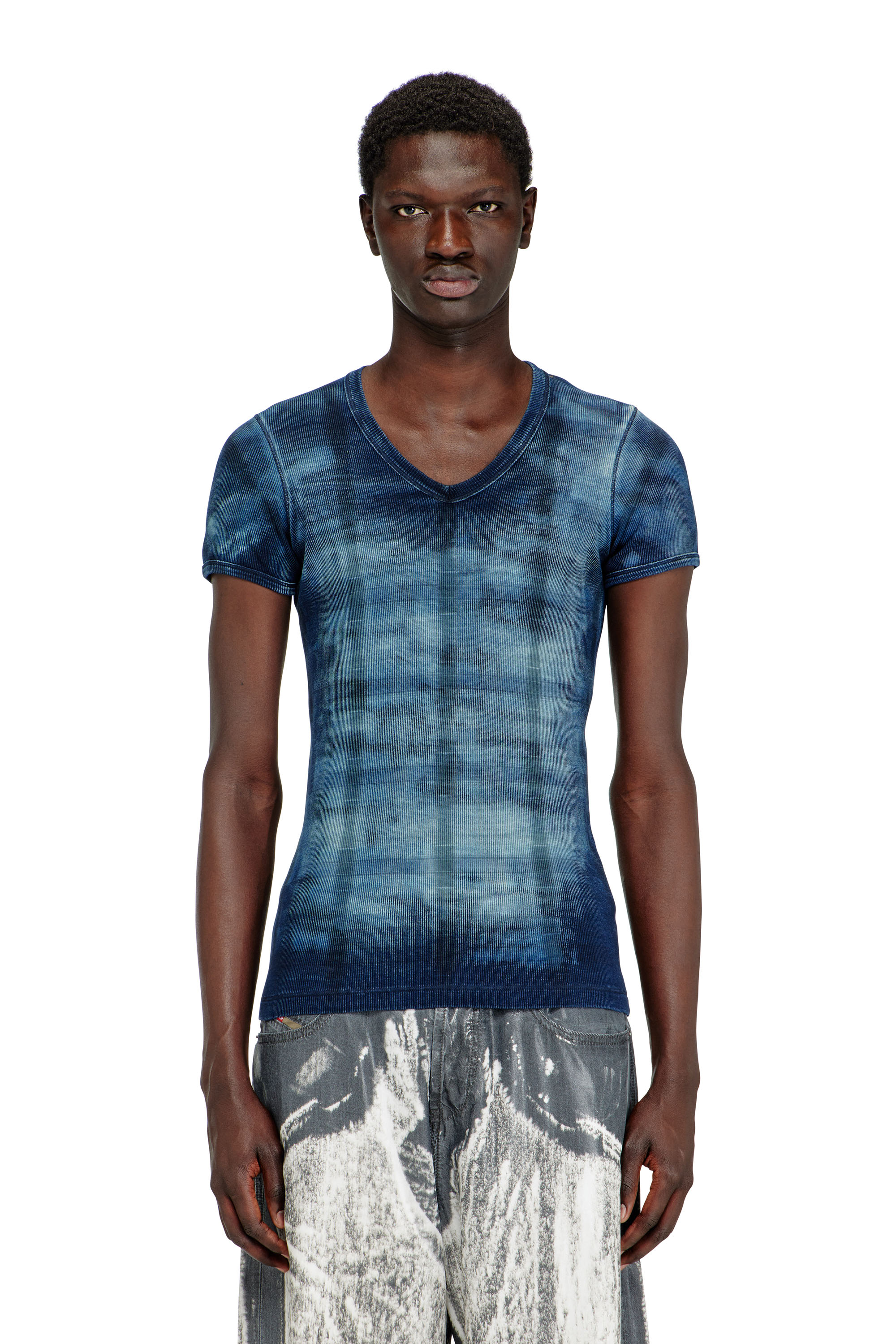 Diesel - T-LUUCAS, Male's X-ray top in check-print rib-jersey in Blue - 1