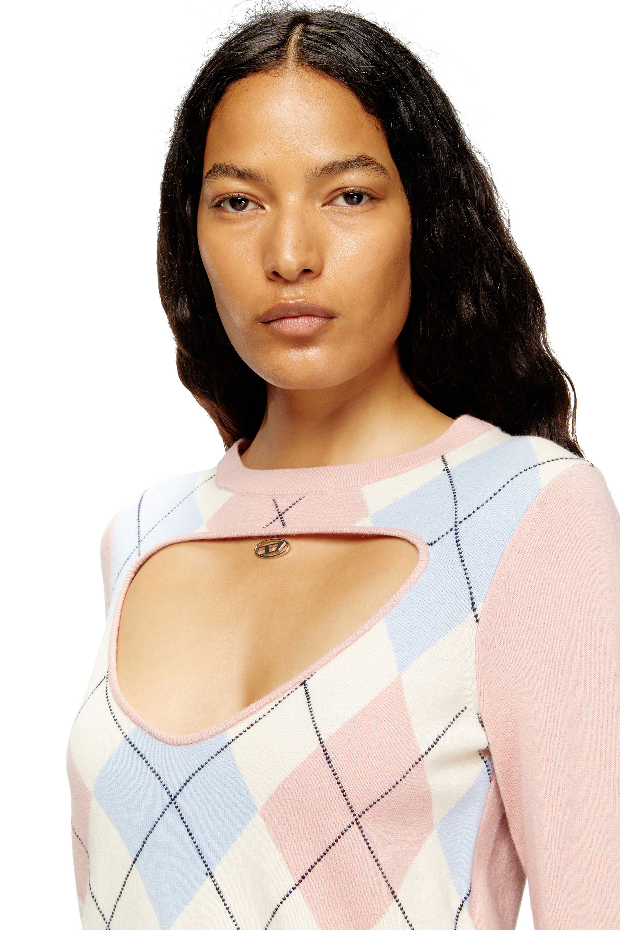 Diesel - M-ROMKO-LS, Female's Cut-out jumper in argyle wool in Pink - 4