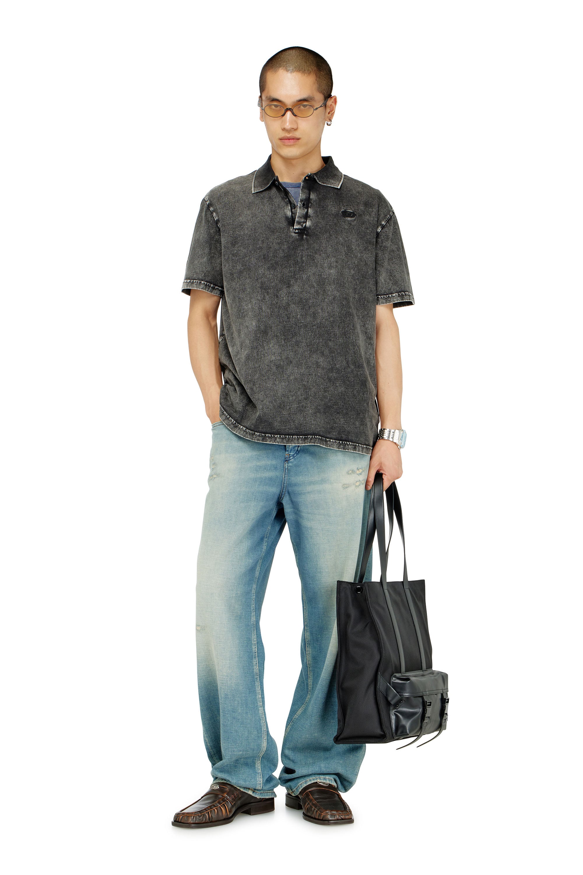 Diesel - T-REJUST-NC-DEN, Man's Polo shirt in denim-effect jersey in Dark grey - 2