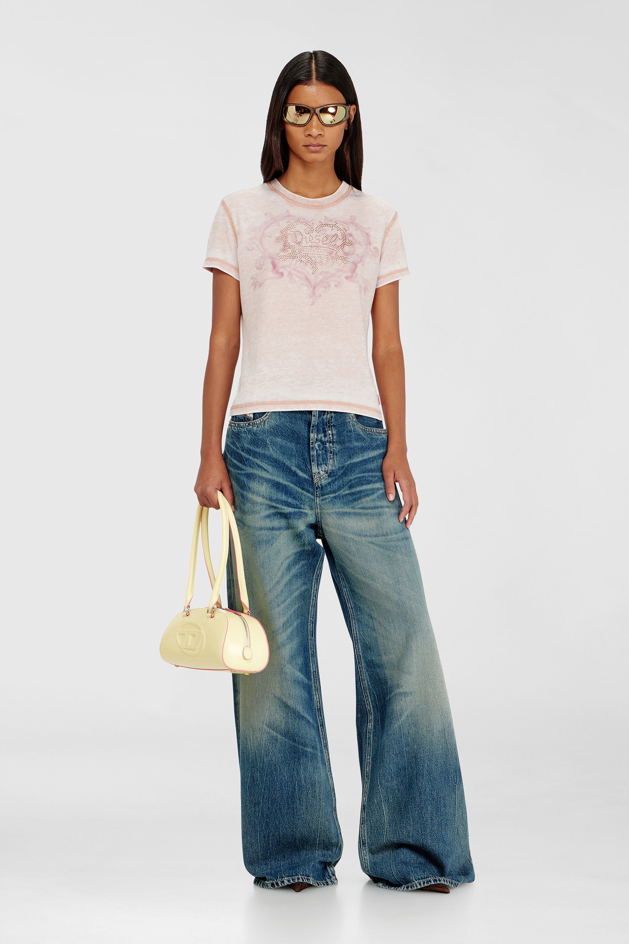 Diesel - T-ILA-AA1, Female's Jersey t-shirt with rhinestones and burnout effect in Face Powder - 2