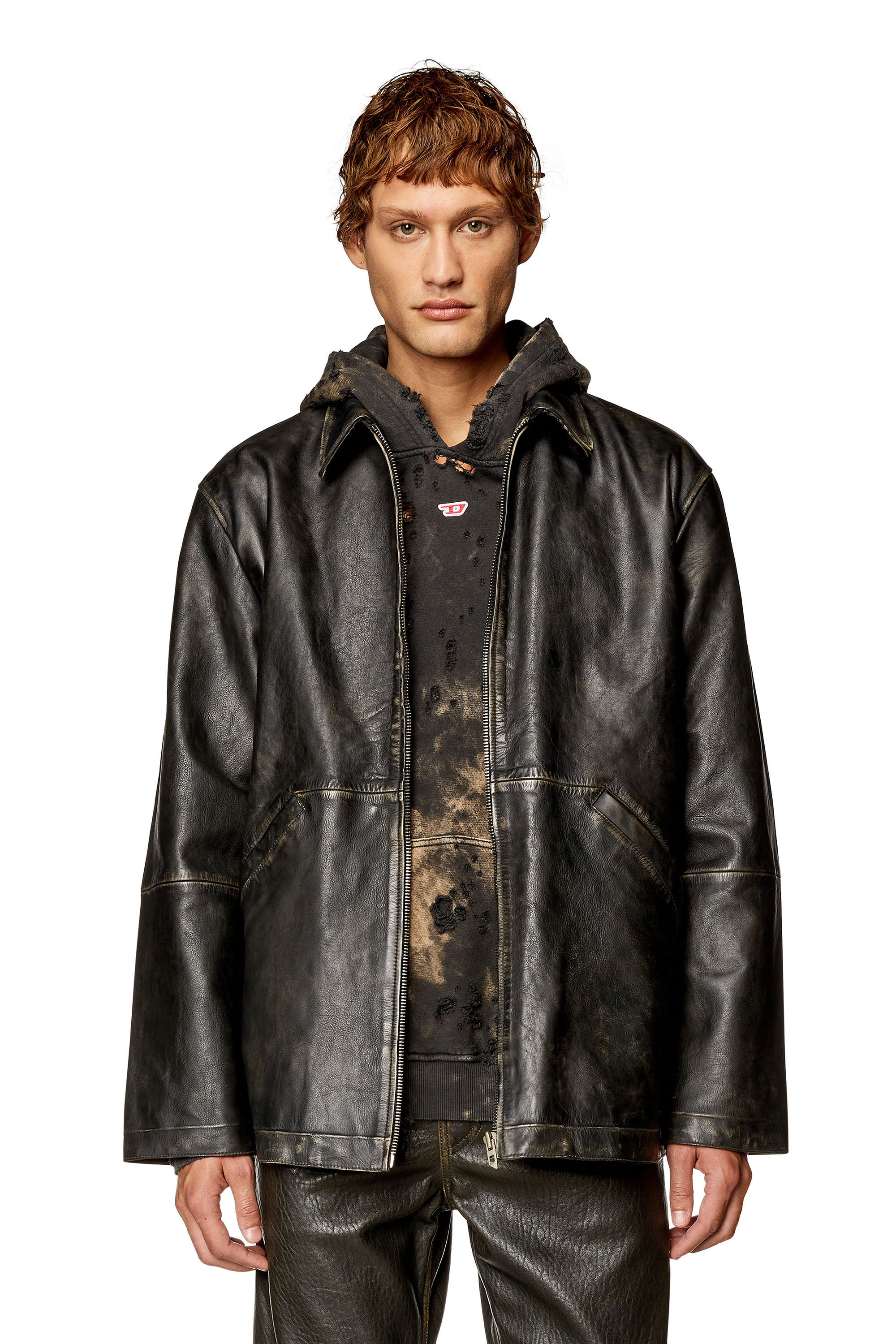 Diesel - L-STOLLER-TREAT, Man's Treated leather jacket with raw edges in Black - 1