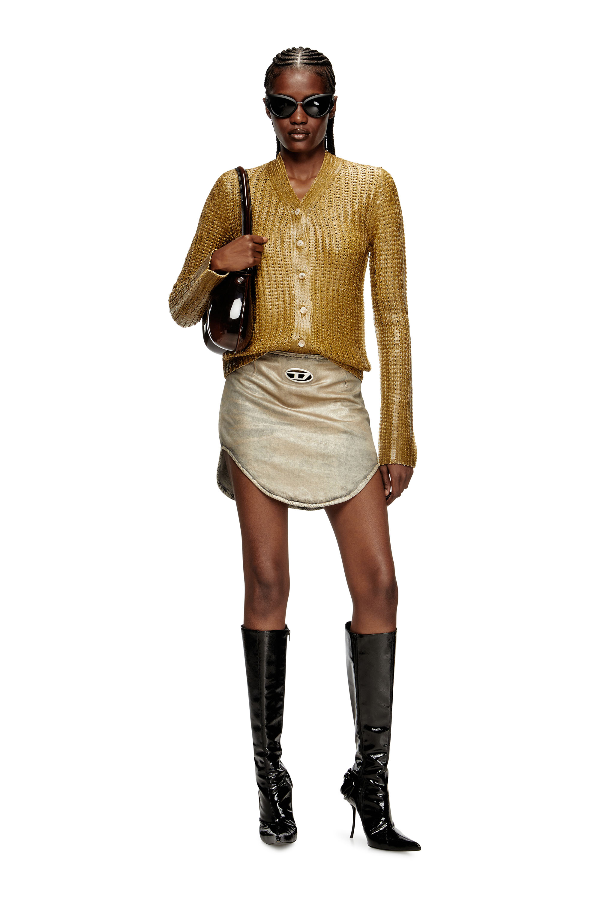 Diesel - M-MILLO, Female's Ribbed cardigan with shiny effect in Light Brown - 1