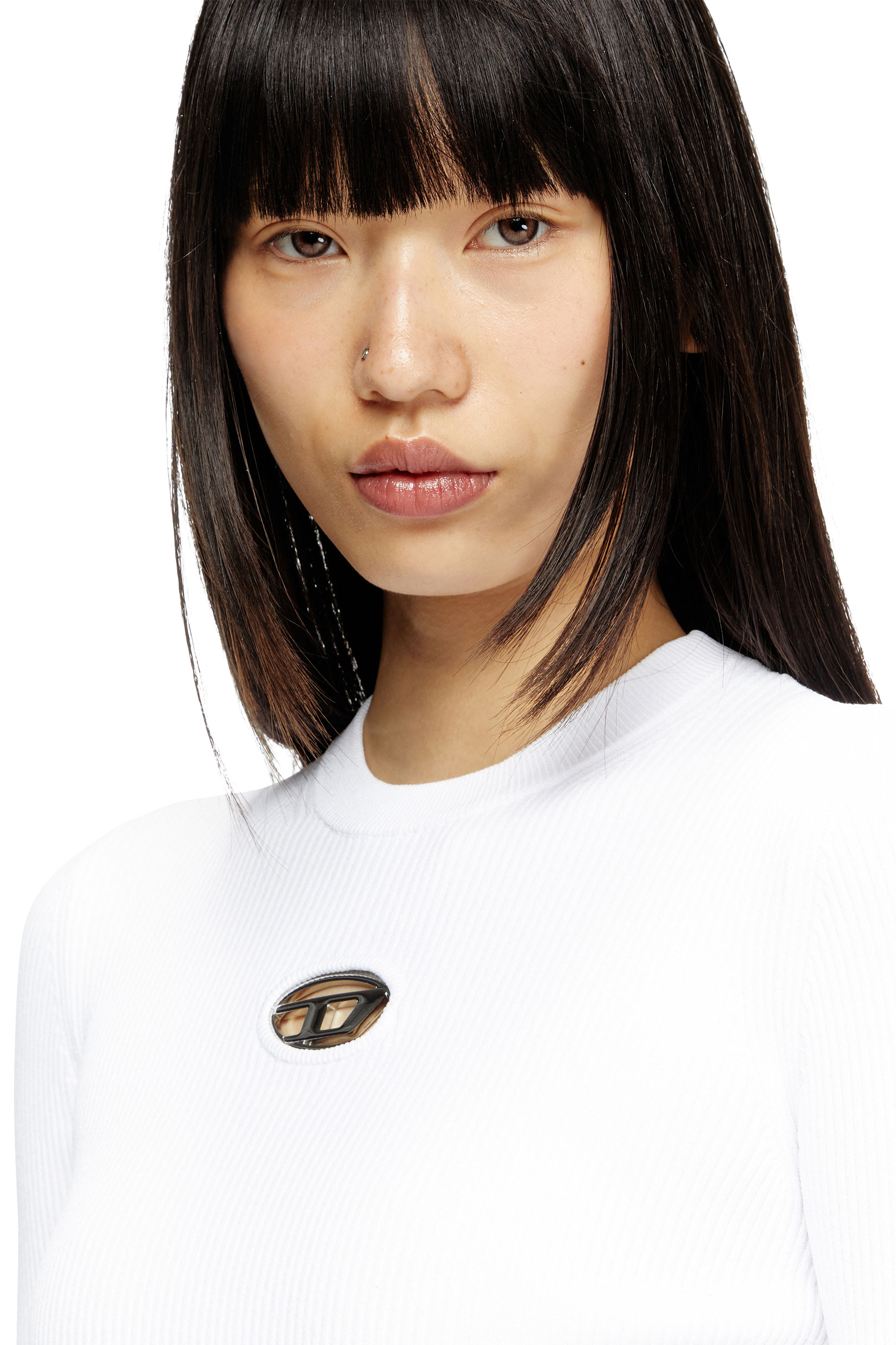 Diesel - M-VALARI, Top en viscose mélangée côtelée avec Oval D Femme in Blanc - 4