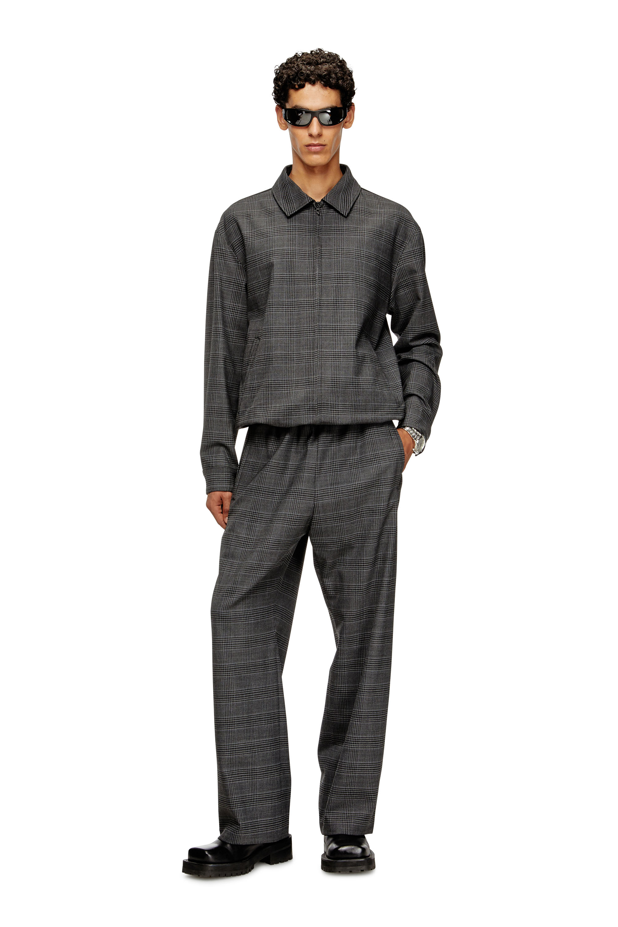 Diesel - J-TING, Male's Coach jacket in Prince of Wales wool blend and satin in Black/Grey - 2