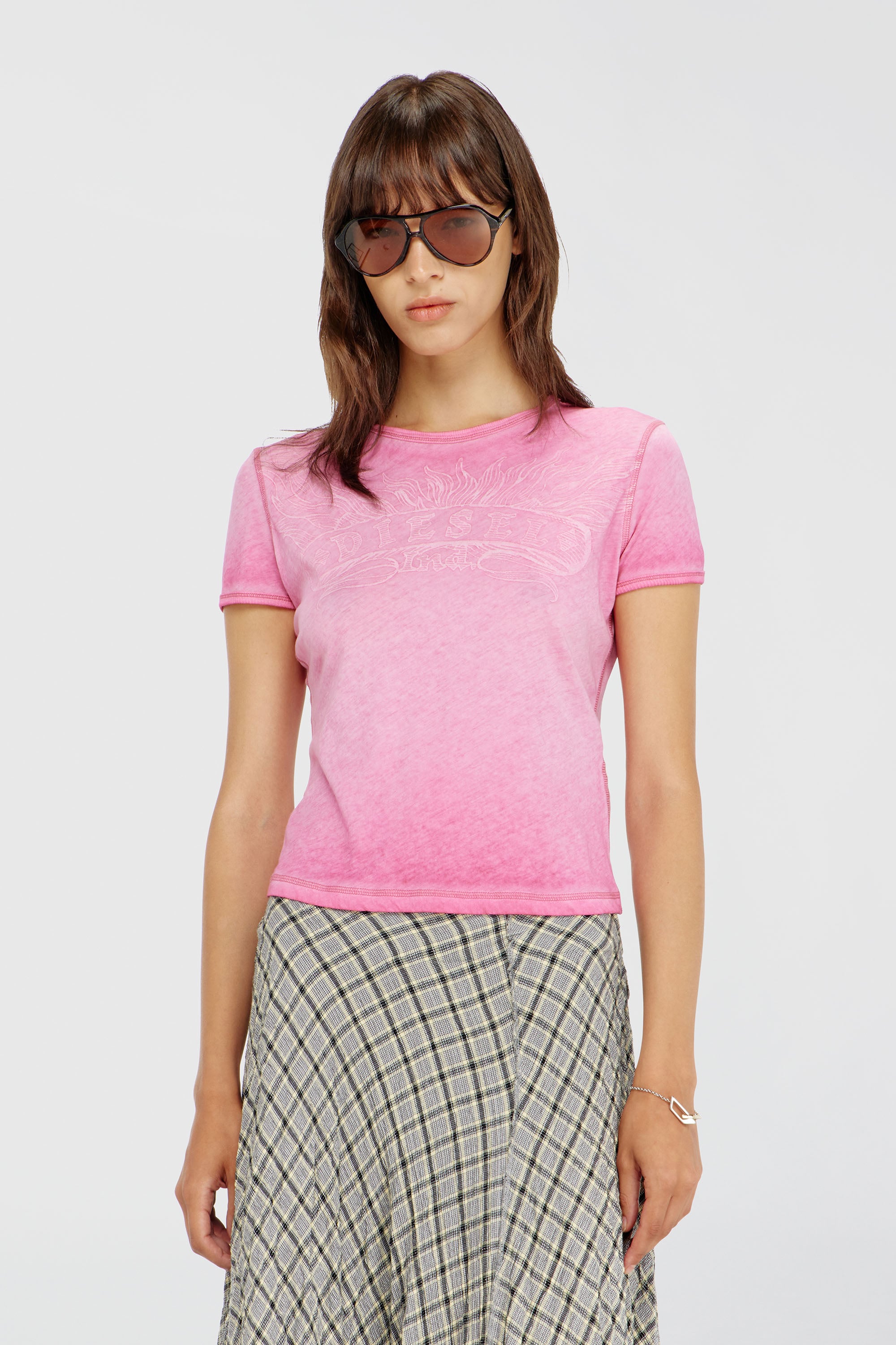 Diesel - T-UNCUTIES-LONG-AA2, Woman's Slim T-shirt with tonal logo print in Pink - 1
