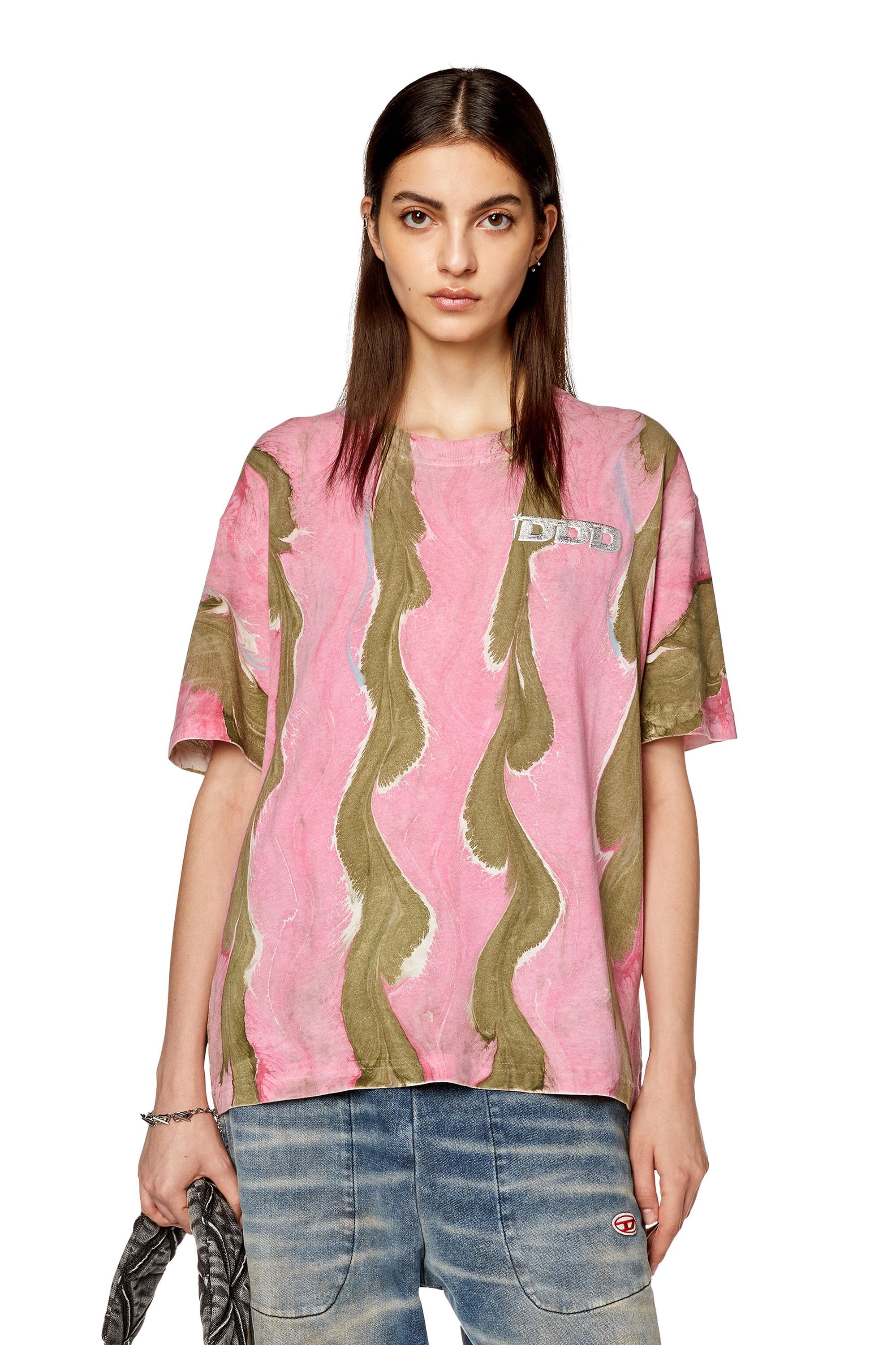 Diesel - T-DANNY-L3, Woman's T-shirt with swirly print in Green/Pink - 3