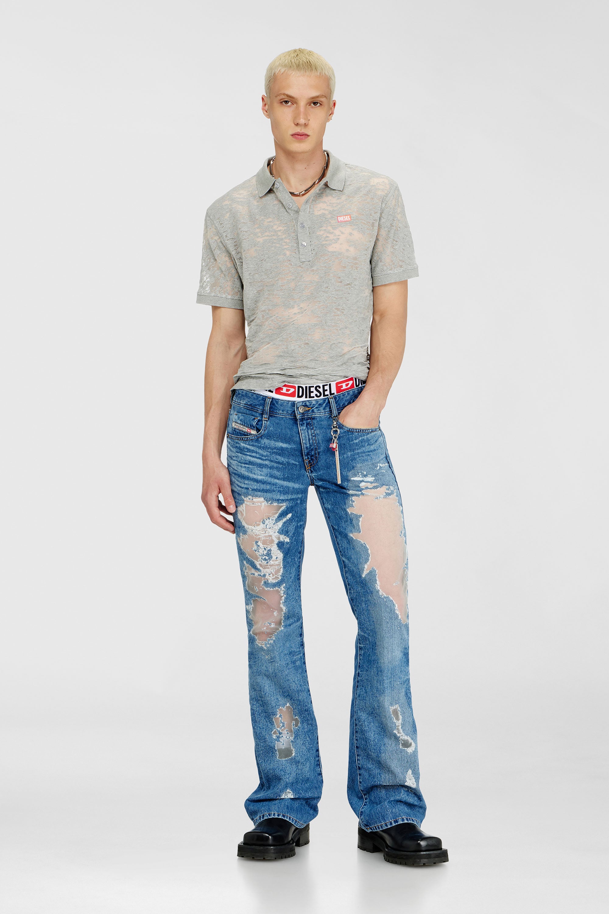Diesel - PR-T-REJUST, Male's Polo shirt in all-over devor&eacute; jersey in Light Grey - 2