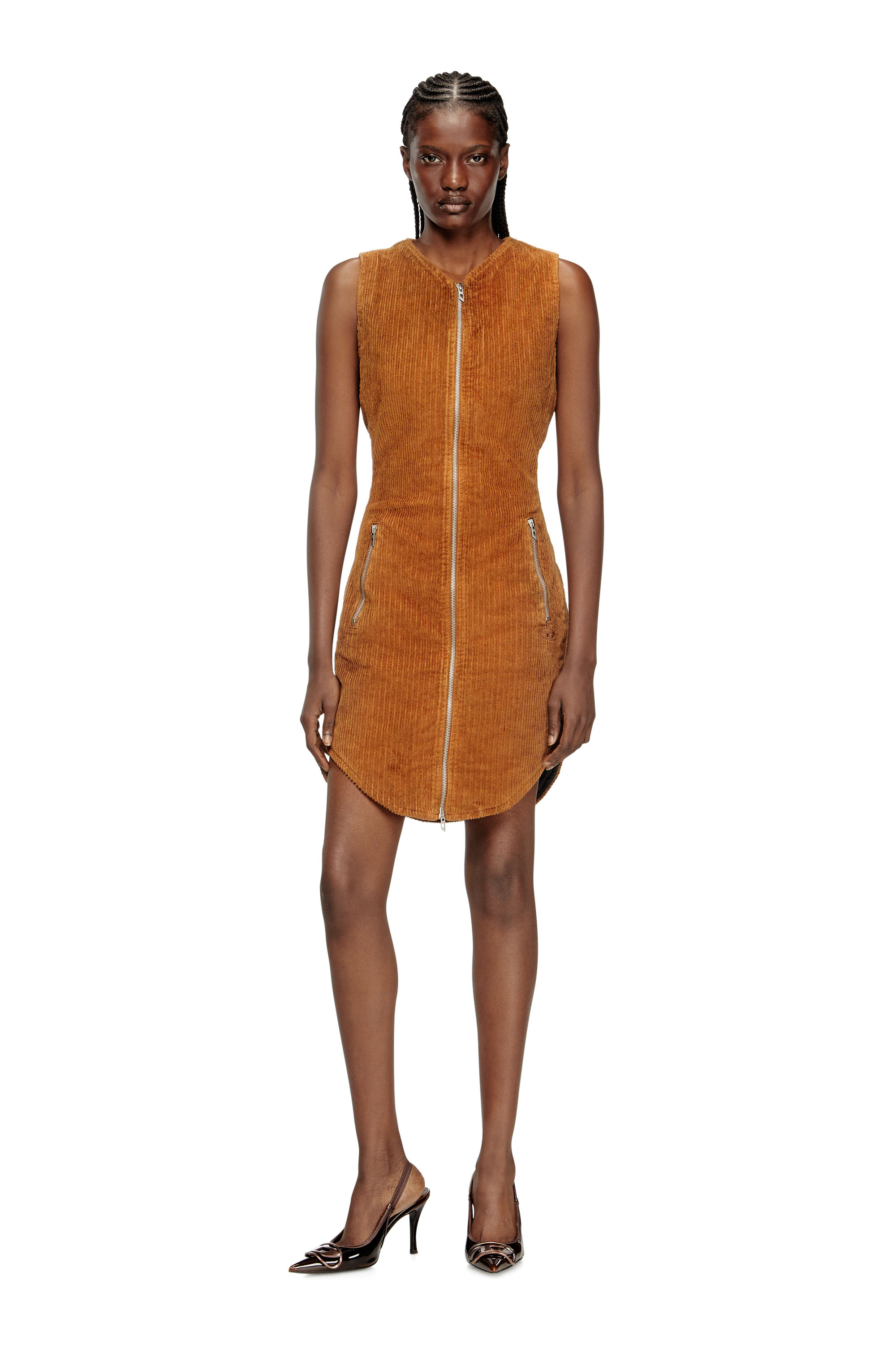 Diesel - D-ENEA, Female's Cotton mini dress with front zipper in Brown - 3