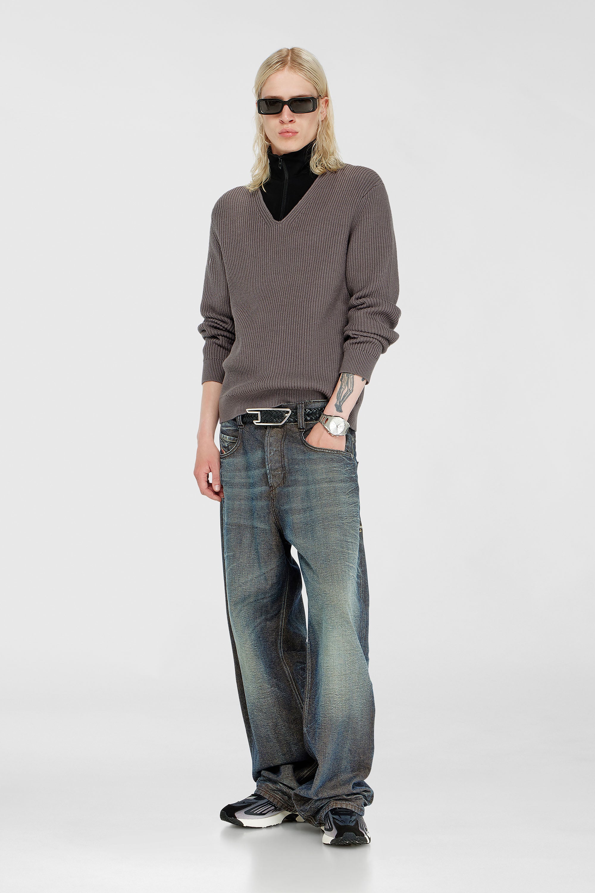 Diesel - K-MAMU, Male's Half-zip sweater with layered neckline in Black/Grey - 1
