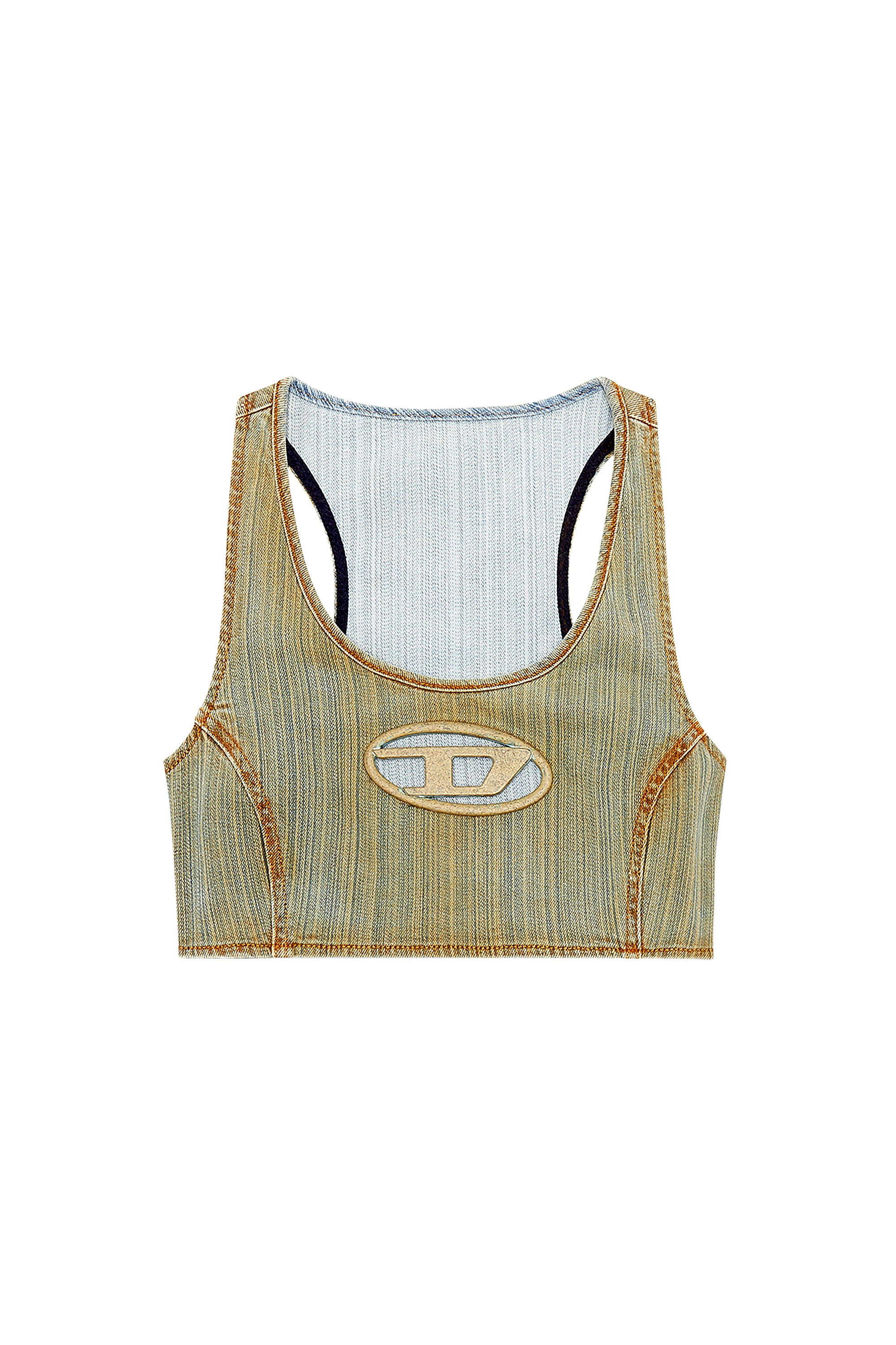 Diesel - DE-TOP-FSD, Woman's Cropped top with plaque in Blue/Beige - 2