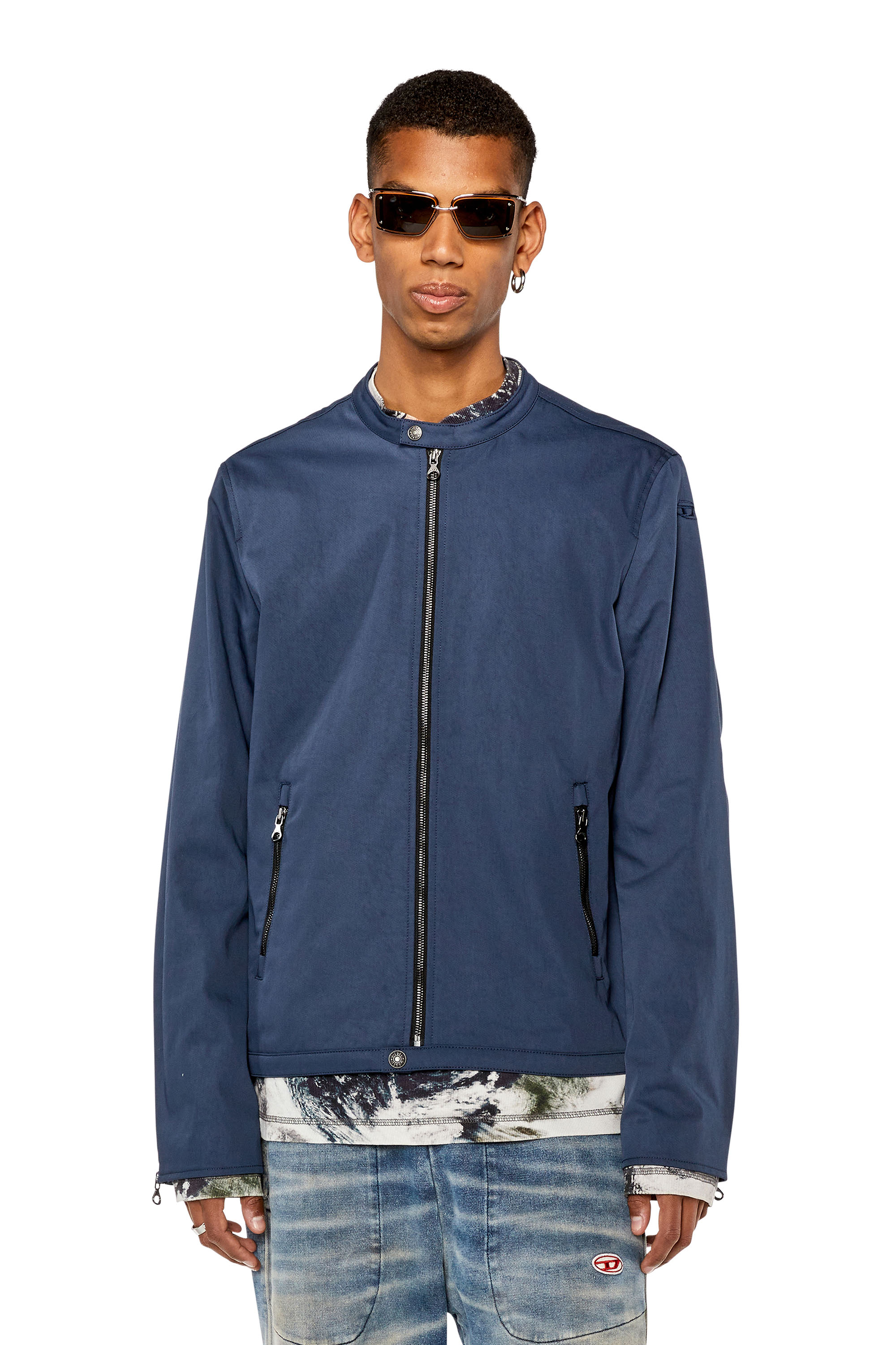 Diesel - J-GLORY-NW, Man's Biker jacket in cotton-touch nylon in Dark Blue - 3