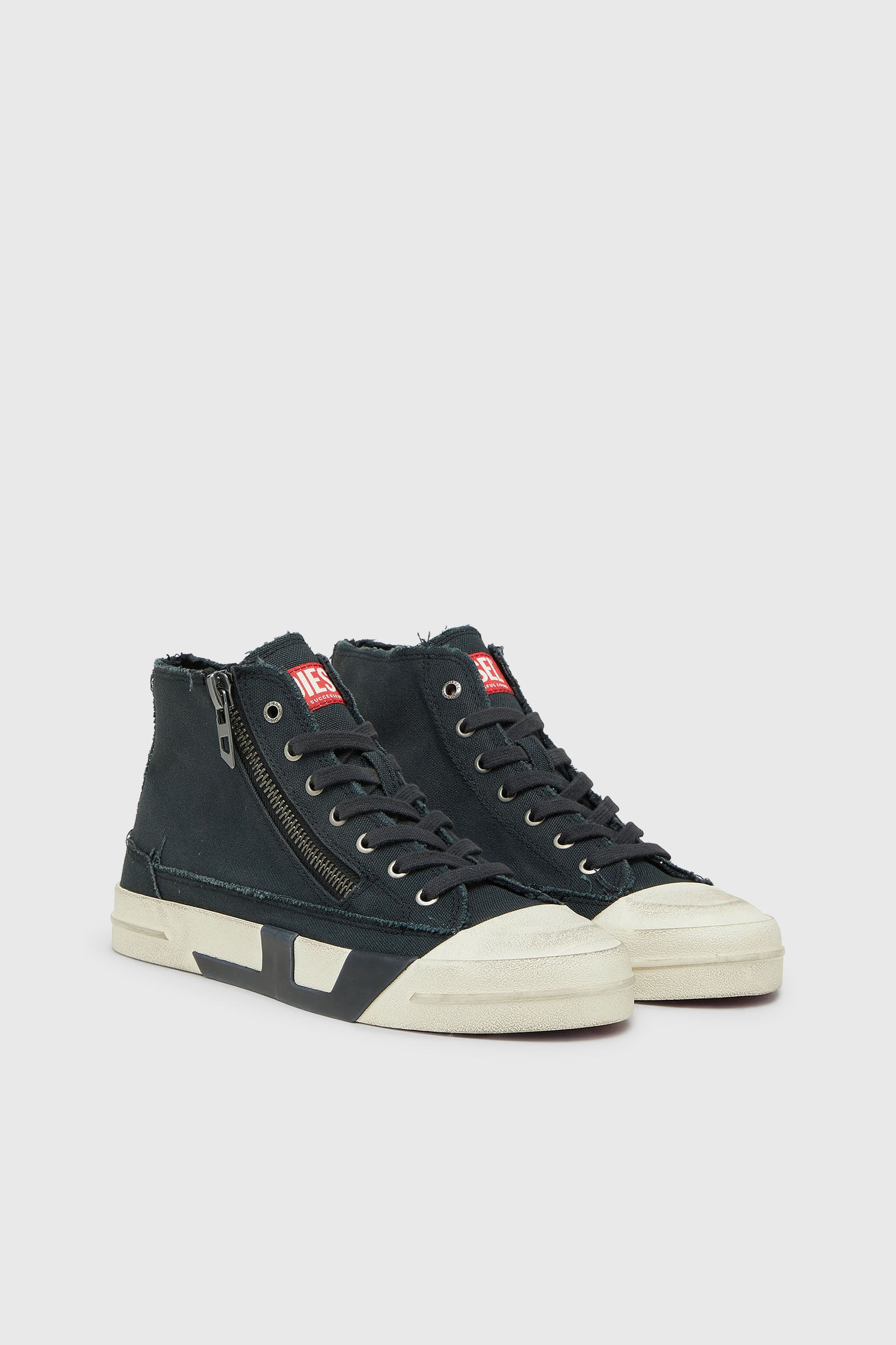 Diesel - S-D-VERSE ZIP MID II, S-D-Verse - Baskets en toile effiloch&eacute;e avec logo D Homme in Noir - 2