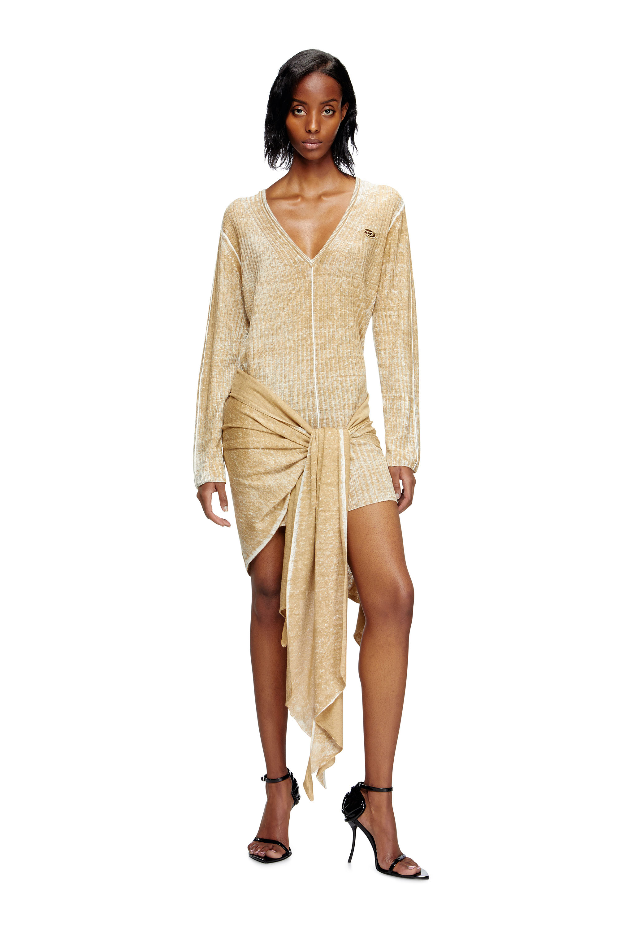 Diesel - M-EGAKNOT, Female's Knitted dress with hip tie in Light Brown - 3