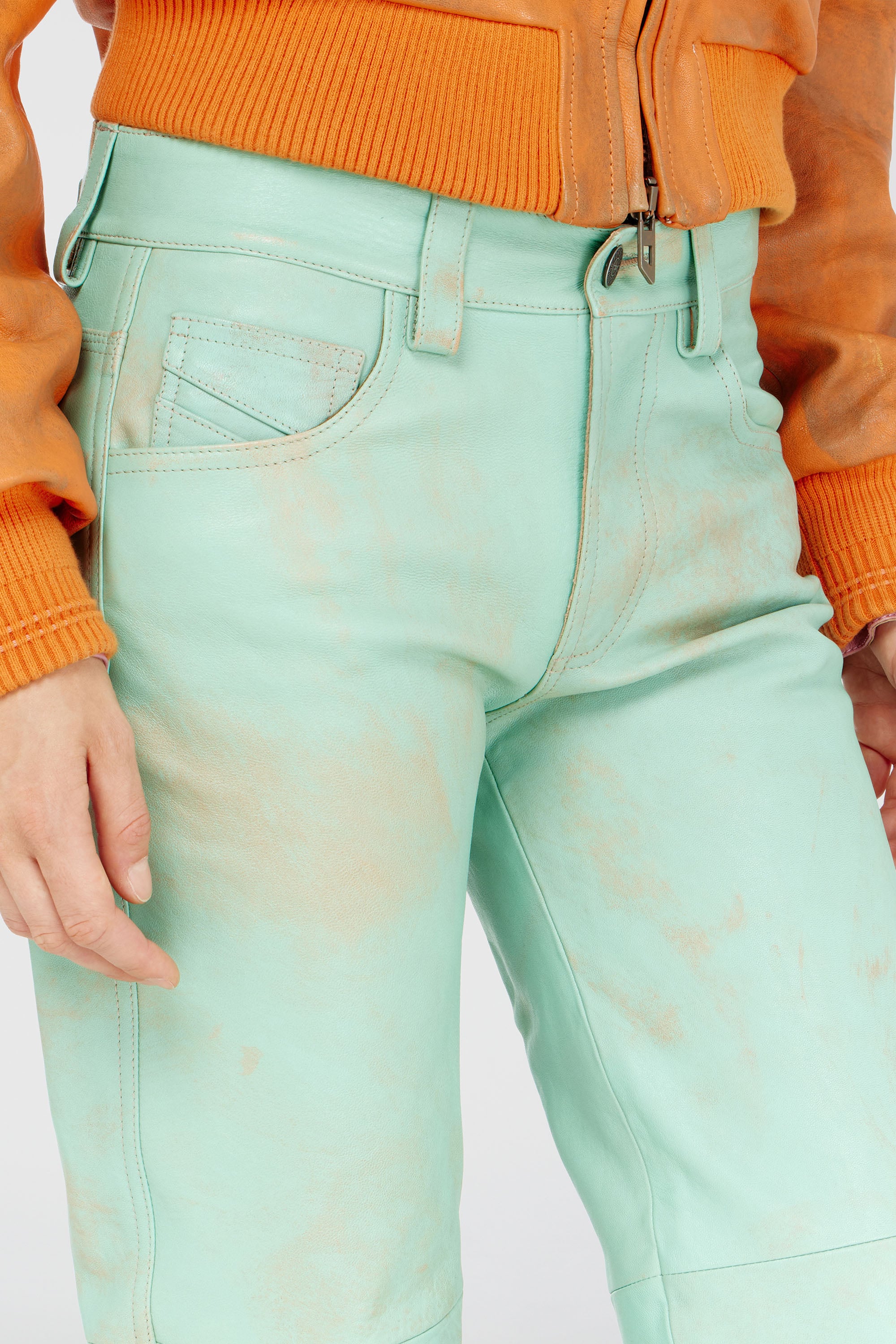 Diesel - L-POCKA, Female's Pants in treated leather in Water Green - 5