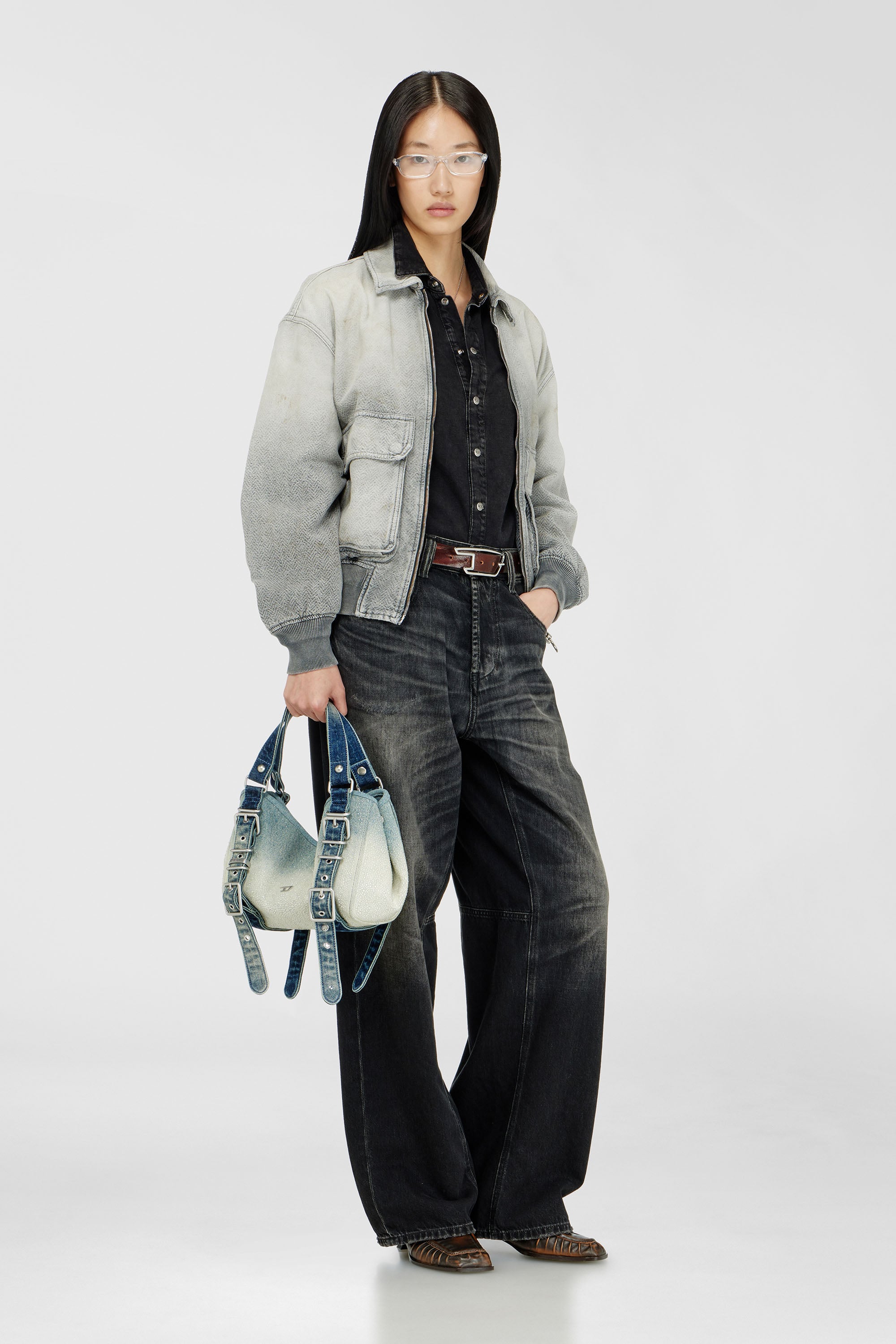 Diesel - D-ONE TOPHANDLE S, D-One-Bolso small con asa superior de denim solarizado con cristales Mujer in Azul marino - 1