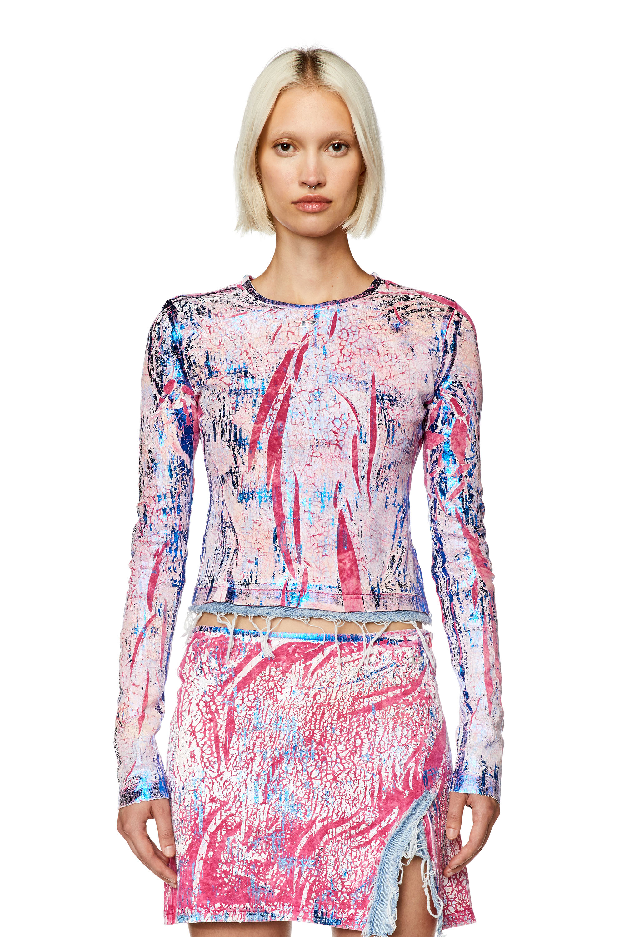 Diesel - T-HOPE, Woman's Overprinted jersey top with frayed hem in Pink - 5