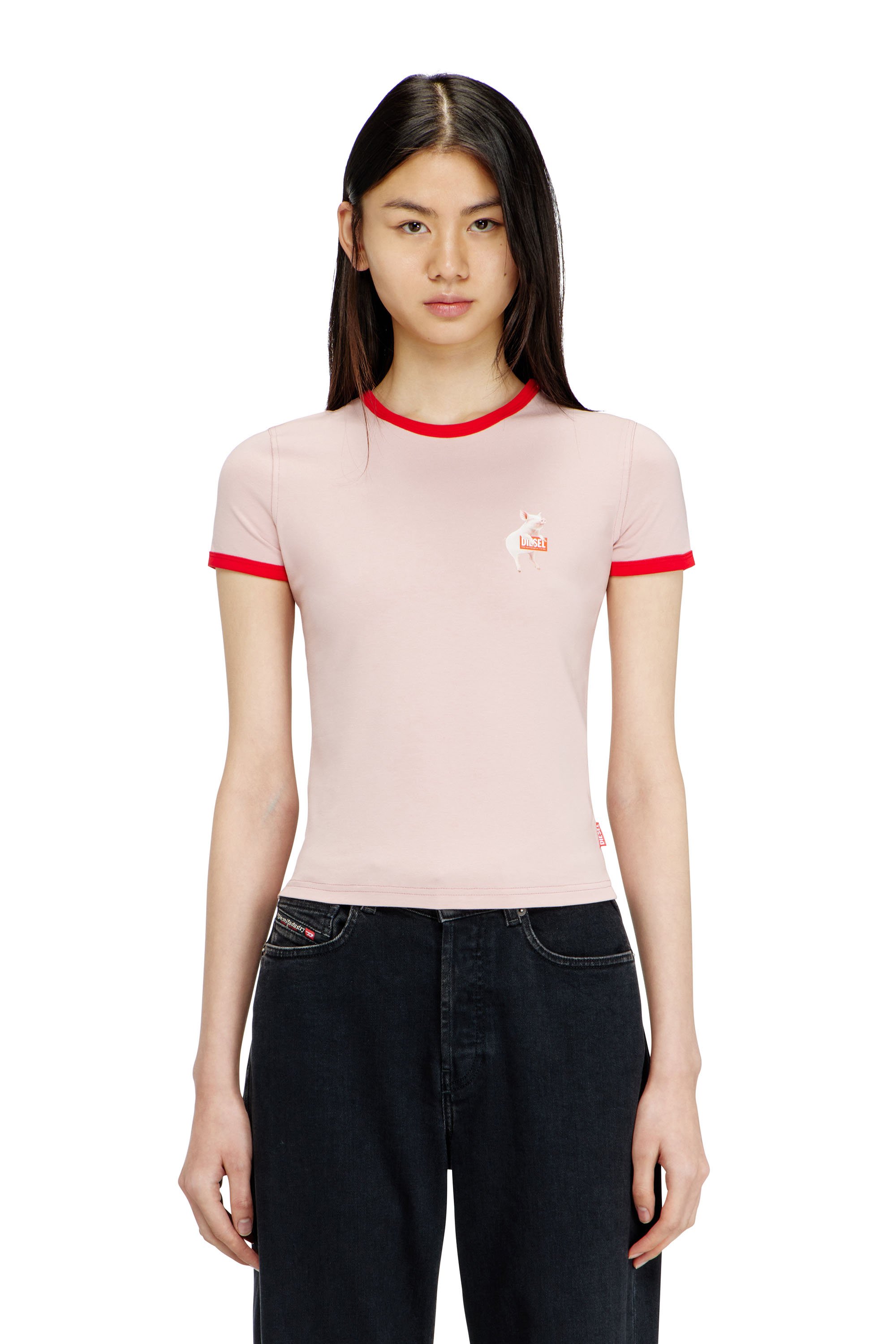 Diesel - T-UNCUTIES-LONG-S12, Female's Slim T-shirt with pig print in Pink - 1