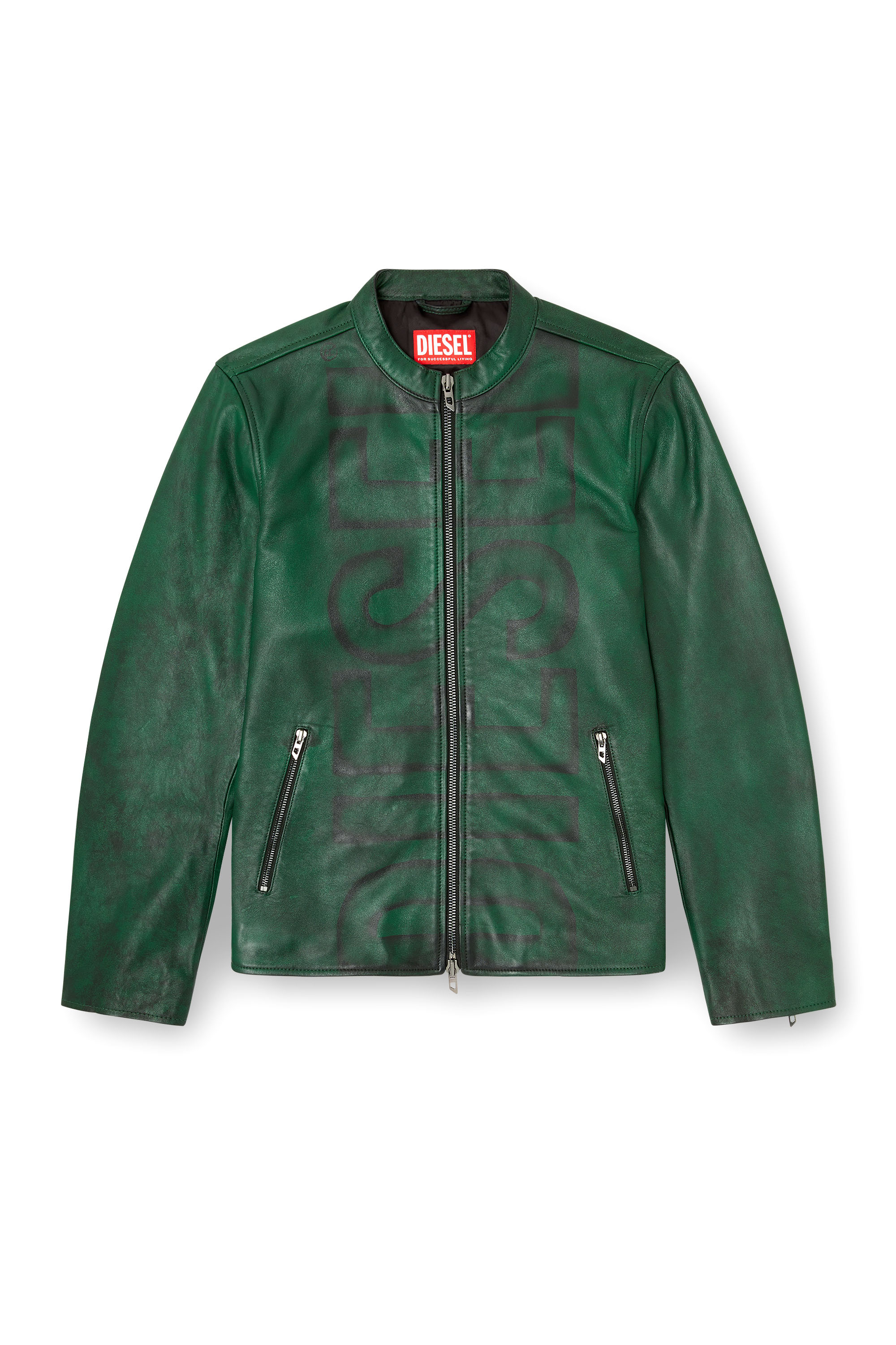 Diesel - L-EVERT-A, Man's Treated leather biker jacket with faded logo in Green - 3