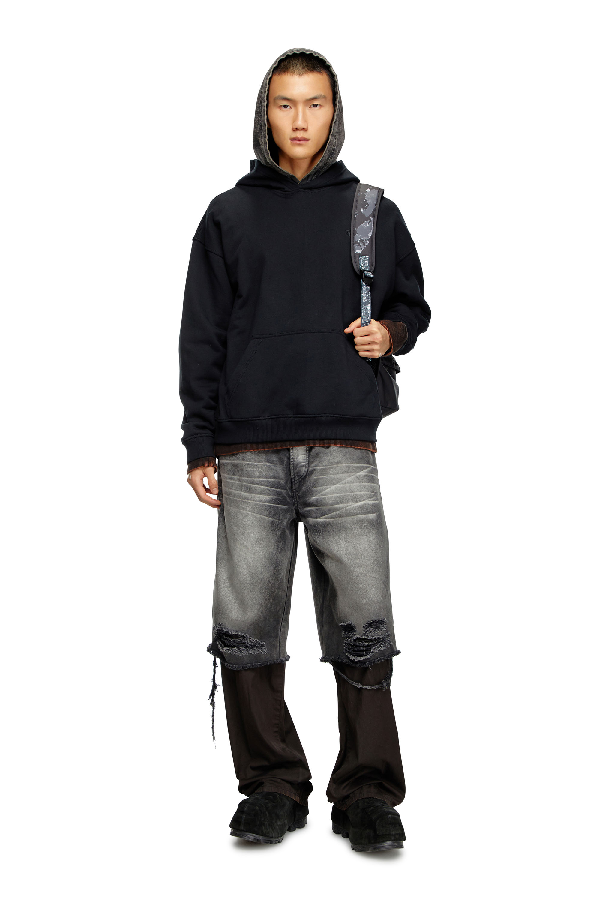 Diesel - S-BOXT-HOOD-BLEACH, Man's Hoodie with bleached logo in Black/Orange - 1