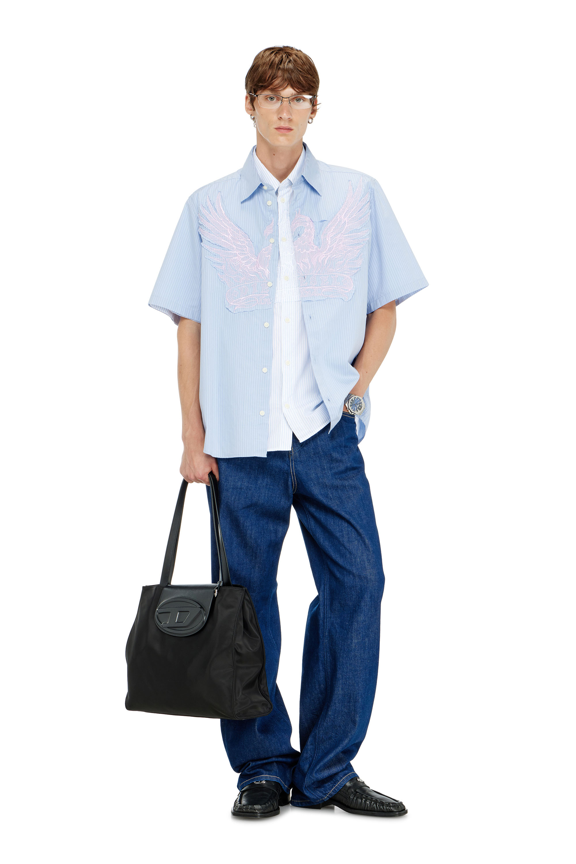 Diesel - S-SIMPLY-SS-AGCZ, Camisa de popelina a rayas con patch bordado Hombre in Azul marino - 1