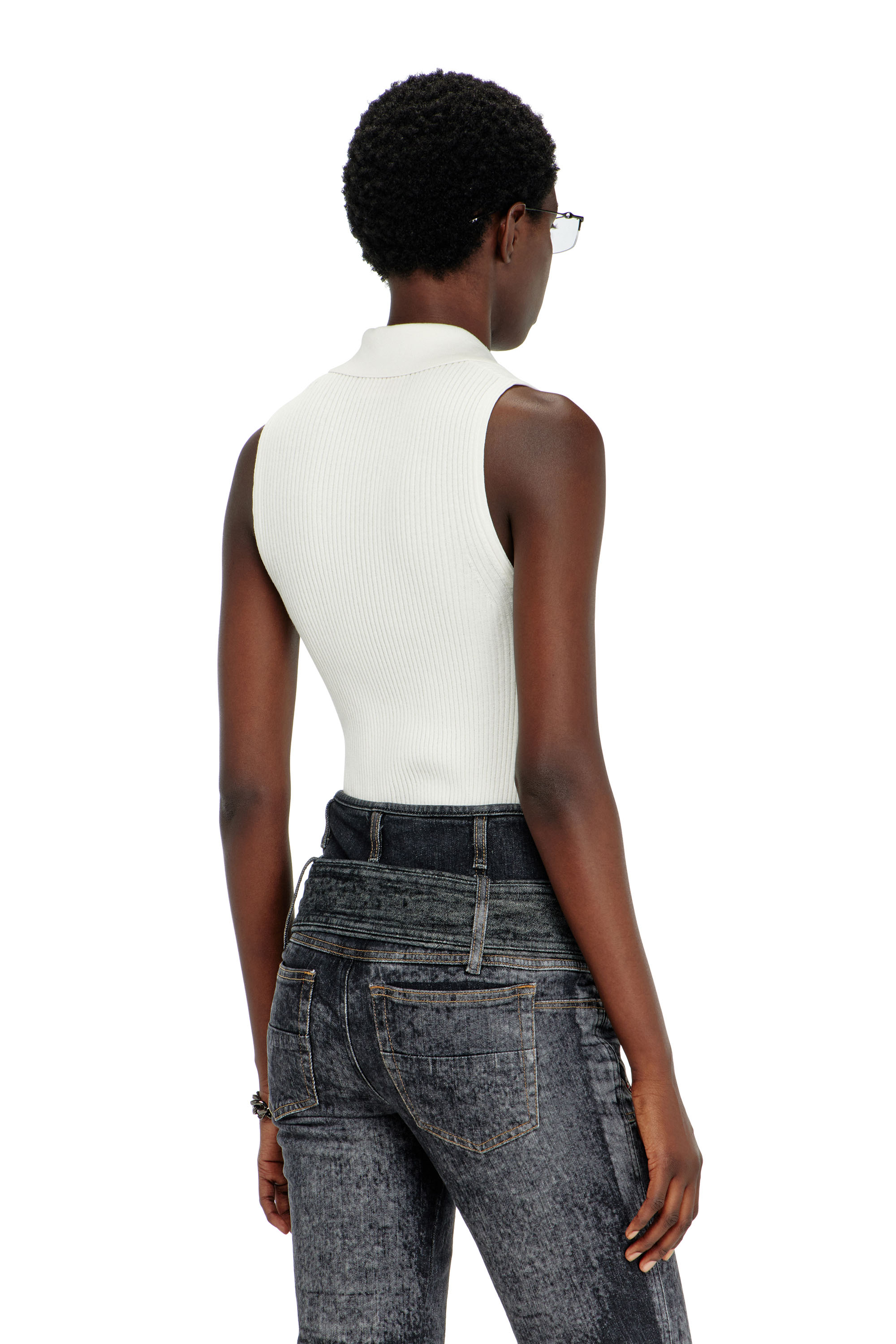 Diesel - M-LILITA, Female's Sleeveless rib-knit polo top in silk blend in White - 4