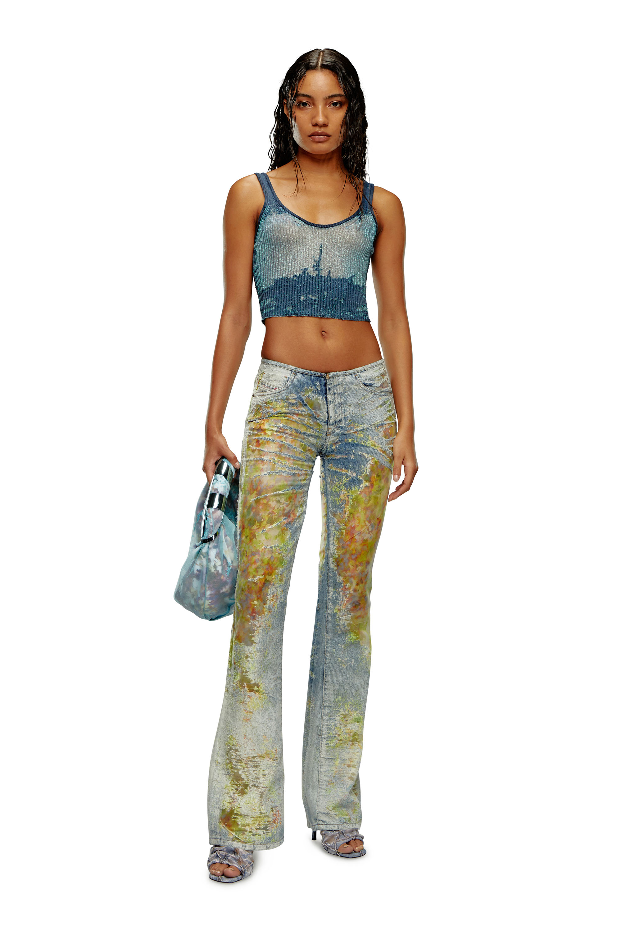 Diesel - M-DEIDRINA, Top crop en maille m&eacute;tallique d&eacute;vor&eacute;e Femme in Bleu - 1