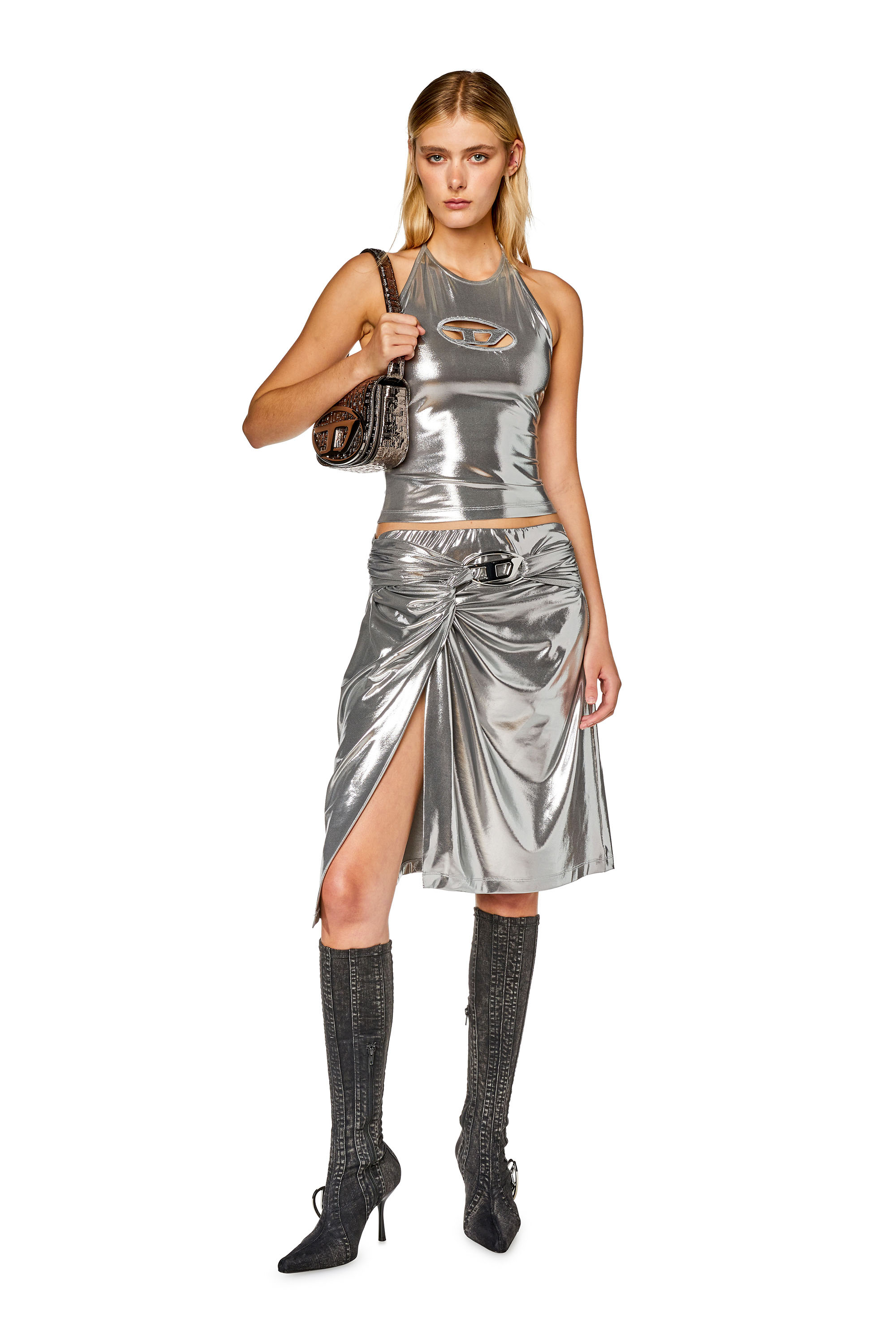 【hitomipom】 meltthelady skirt Women's Draped midi skirt with foil coating | Silver | Diesel