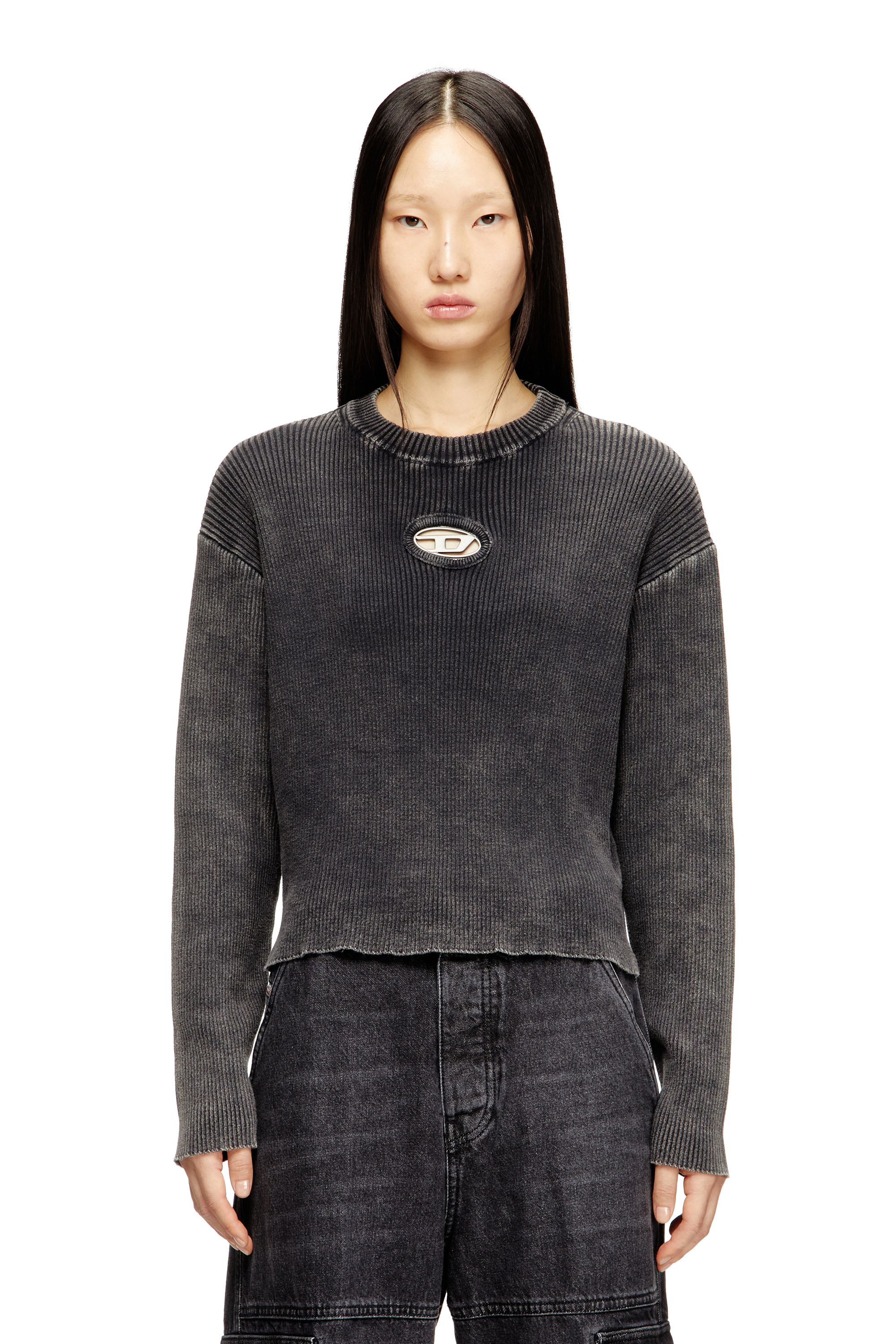 Diesel - M-ANCHOREX, Jersey de canalé con aberturas y placa Oval D Mujer in Gris - 1