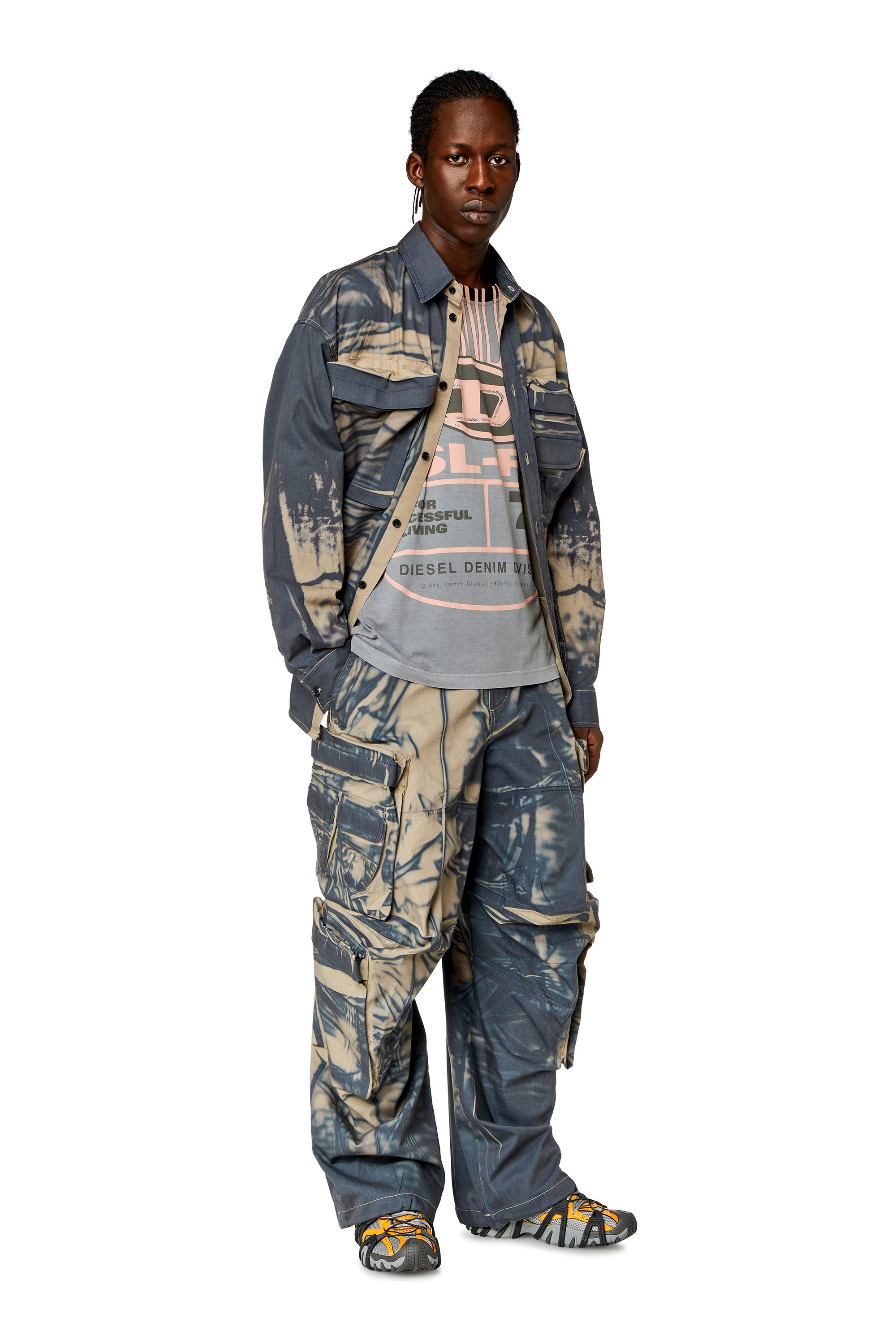 Diesel - P-HUGH, Man's Cargo pants with creased-effect print in Blue/Beige - 1