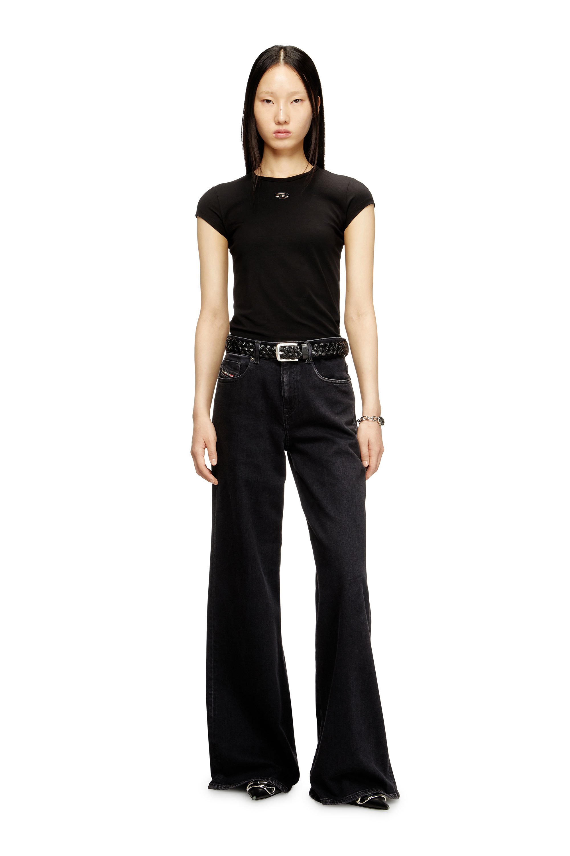 Diesel - T-ANGIE-OD, Woman's T-shirt with cut-out embroidered logo in Black - 2