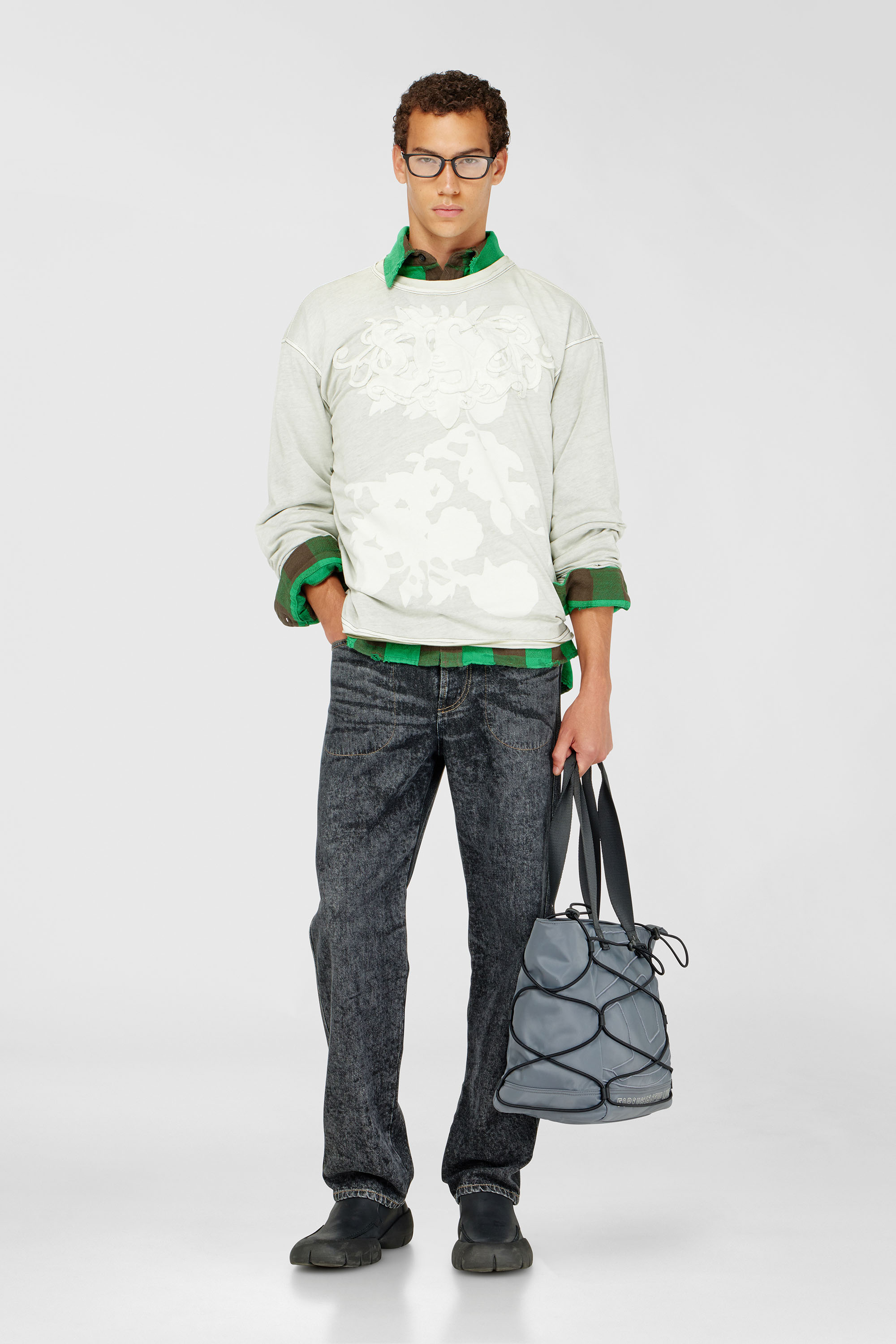 Diesel - T-RIVY-LS, Man's Long-sleeve T-shirt with floral print and logo patch in Grey/White - 1