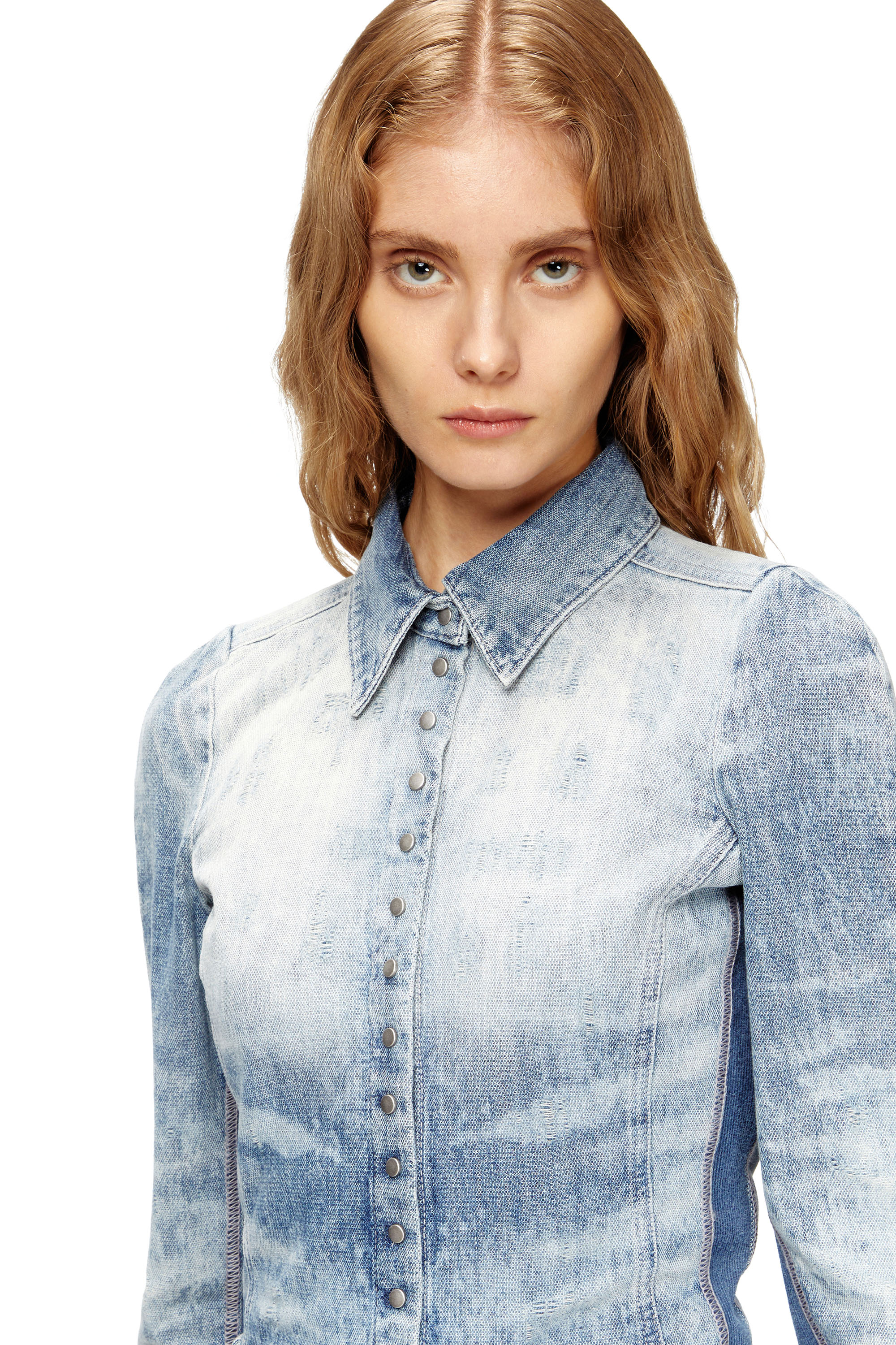 Diesel - DE-MASLY-FSH, Female's Shirt in distressed honeycomb denim in Light Blue - 3