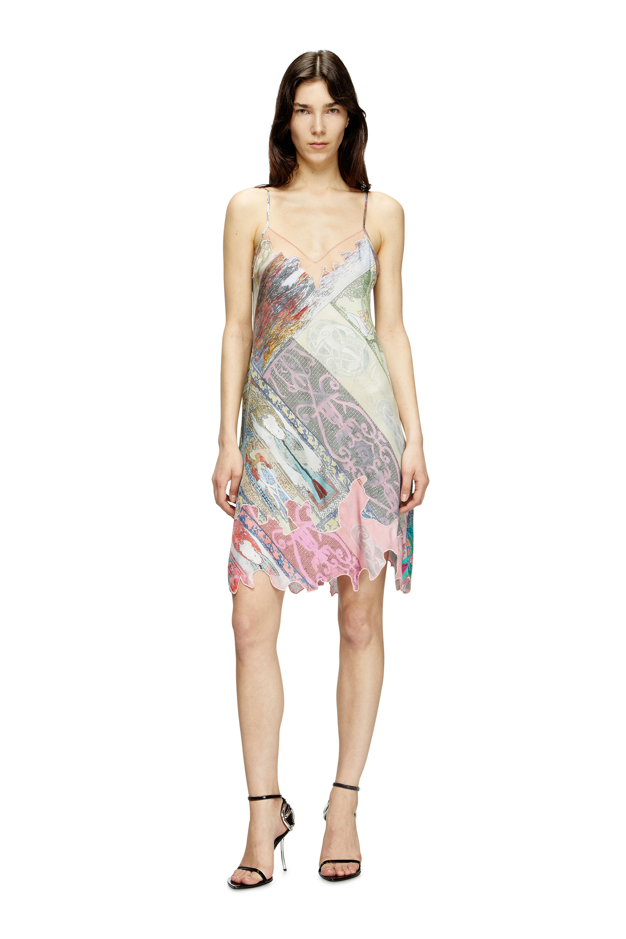 D-ARIA, Green/Pink Diesel - D-ARIA, Female's Viscose slip dress with Heraldic print in Green/Pink - 3