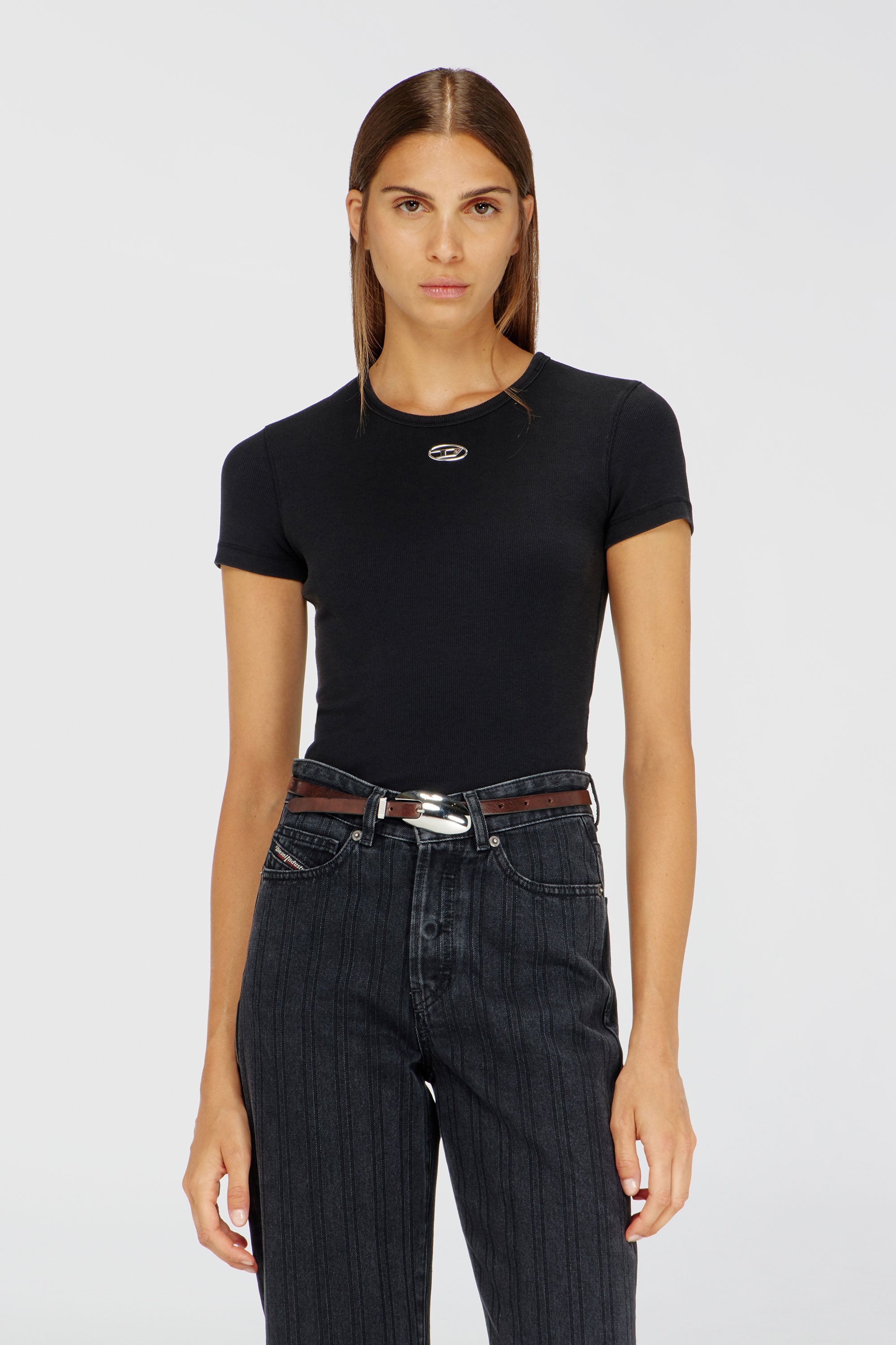 Diesel - T-ELE-LONG-OD, Woman's Slim ribbed T-shirt with metallic Oval D in Black - 1