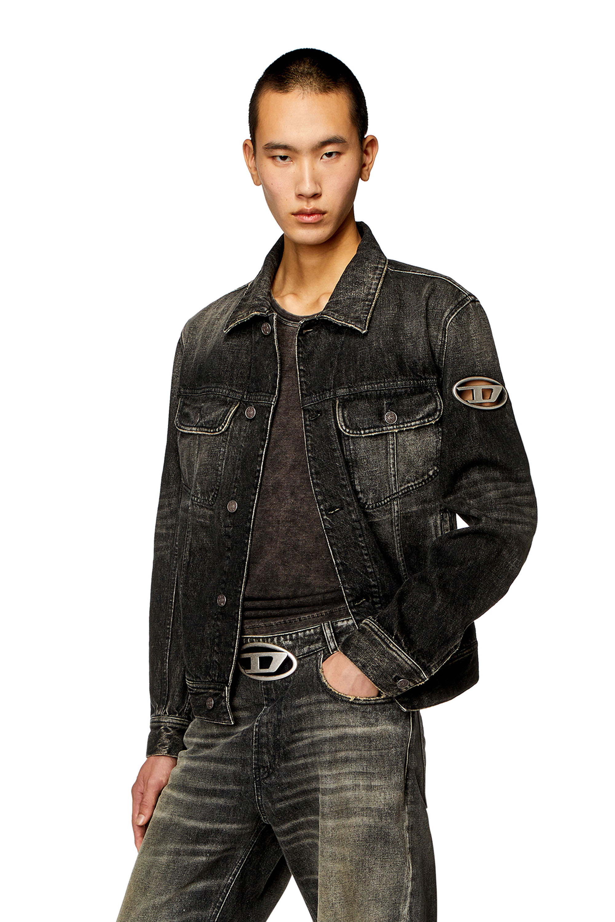 Diesel - D-BARCY-S2, Man's Regular-fit trucker jacket with cut-out logo in Black - 3