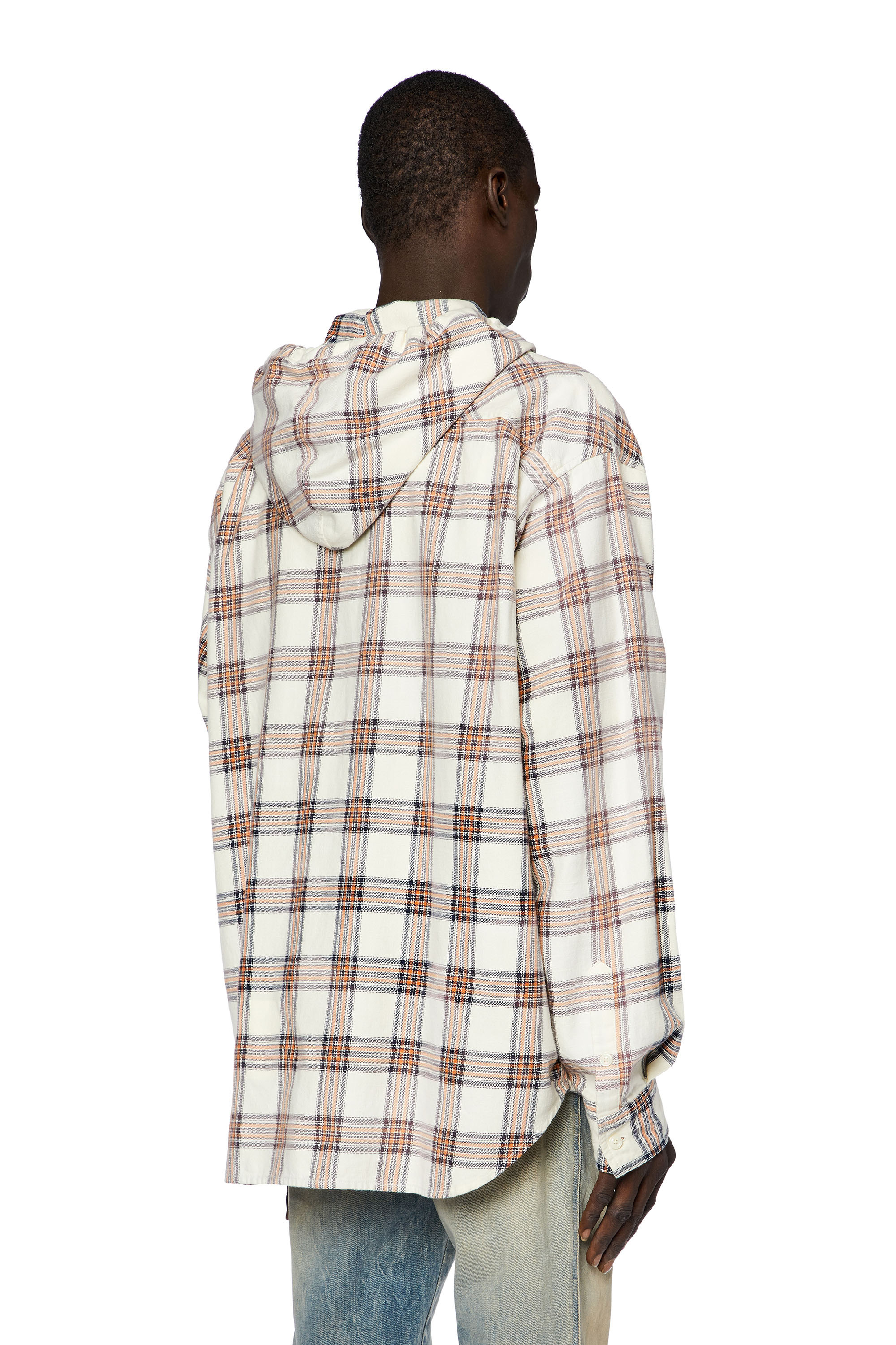 Diesel - S-DEWNY-HOOD, Man's Hooded overshirt in check cotton flannel in Orange/White - 5