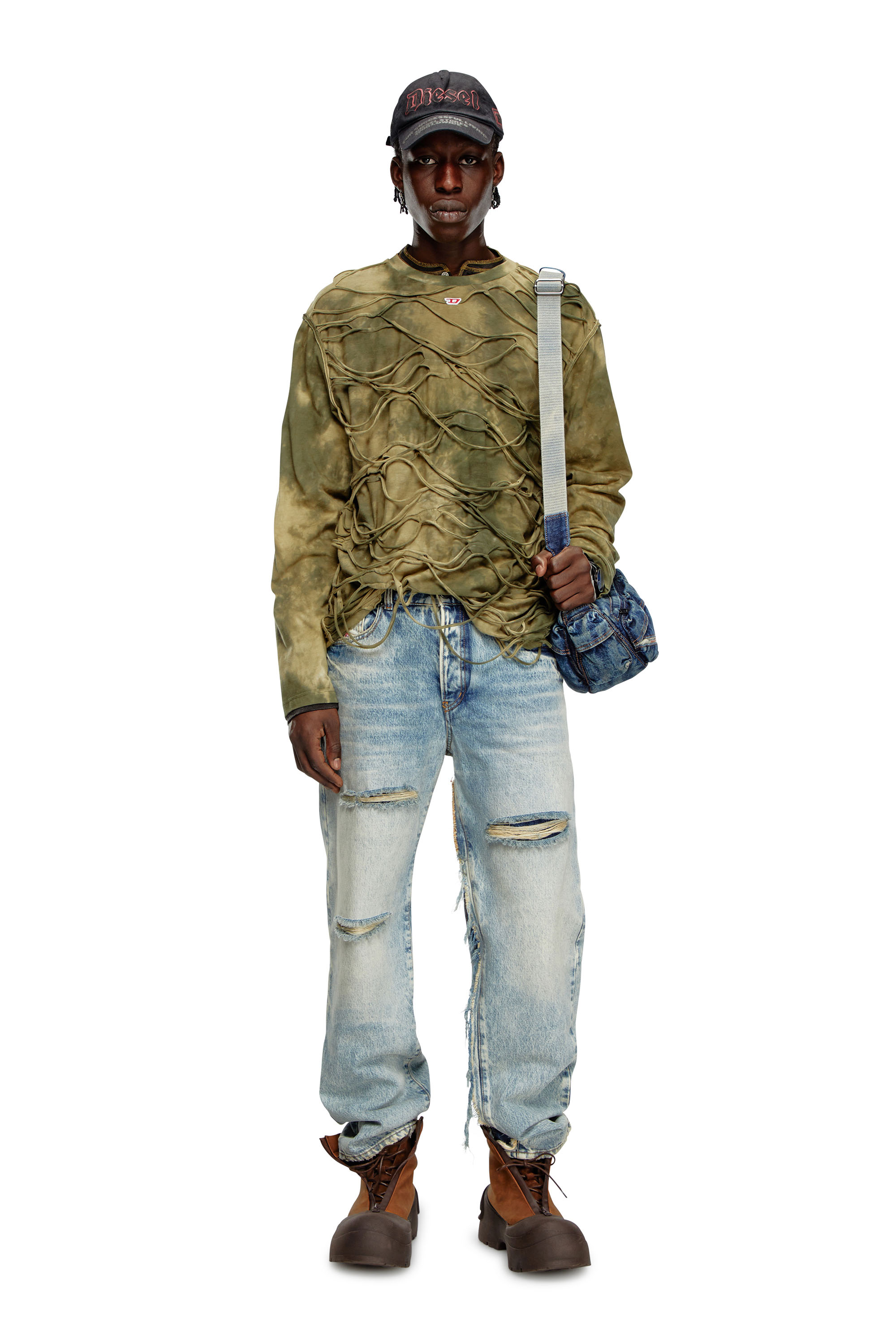 Diesel - T-CRANET-LS, Male's Long-sleeve T-shirt with floating strands in Military Green - 2